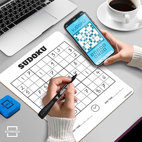 Miniatura 3 de SCRIBBLEDO Sudoku de borrado en seco para niños, rompecabezas de Sudoku para adultos de todas las edades de 9 x 12 pulgadas, pizarra blanca fácil y