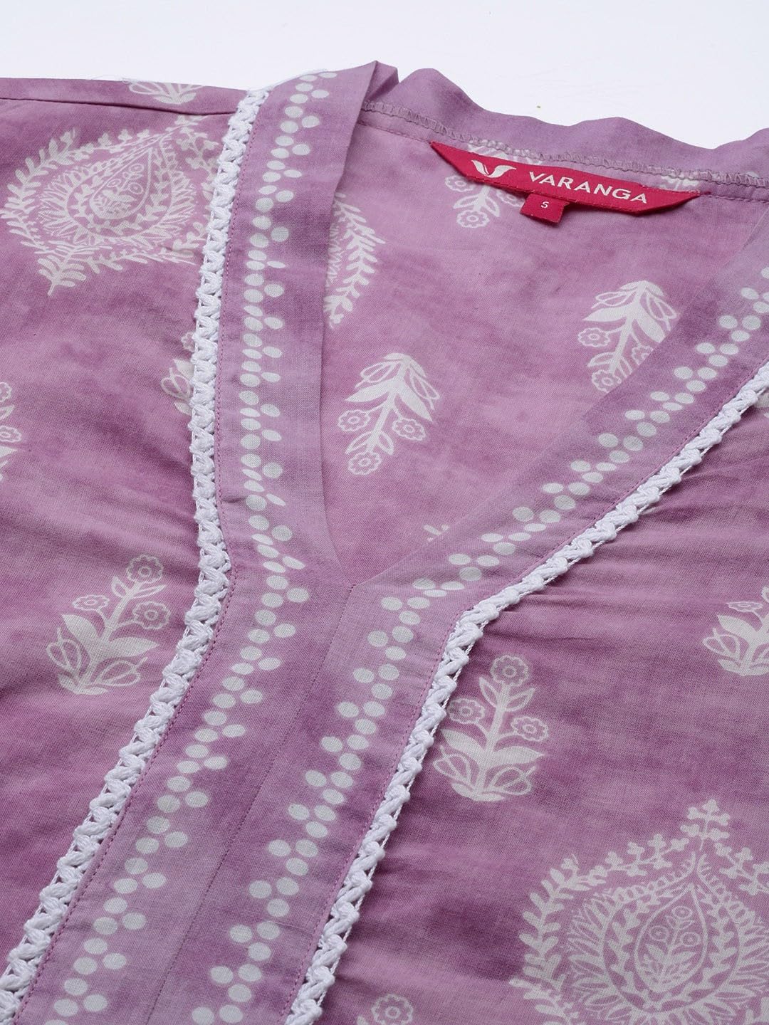 Varanga Women Lavender 3/4Th Sleeve V Neck Collared Kurta With White Floral Patterns (Double Extra Large)