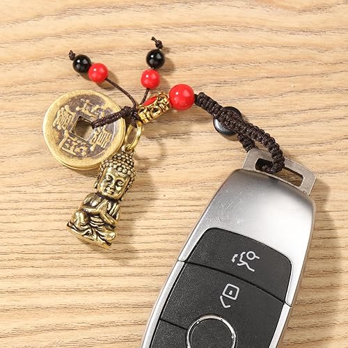 Miniatura 2 de Mansiyuyee Estatua de Buda de latónllavero de campana budista con monedas de Feng Shui, llaveros de Buda para llaves de coche borla de la suerte