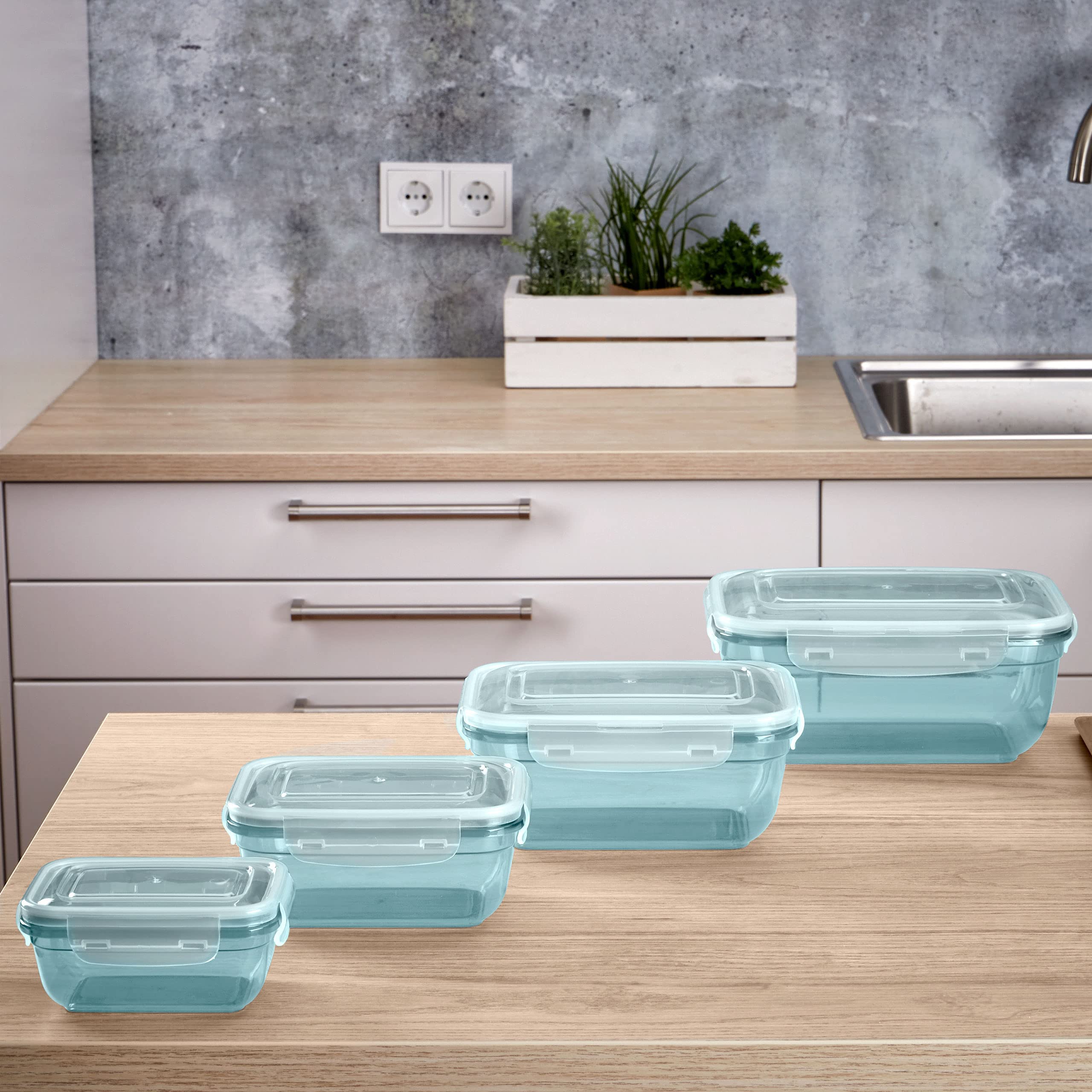 Grizzly Set of 4 (0.4L, 0.8L, 1.4L, 2.3L), Plastic, Rectangular Storage Containers, 100% Airtight, Microwave, Mint - Image 4
