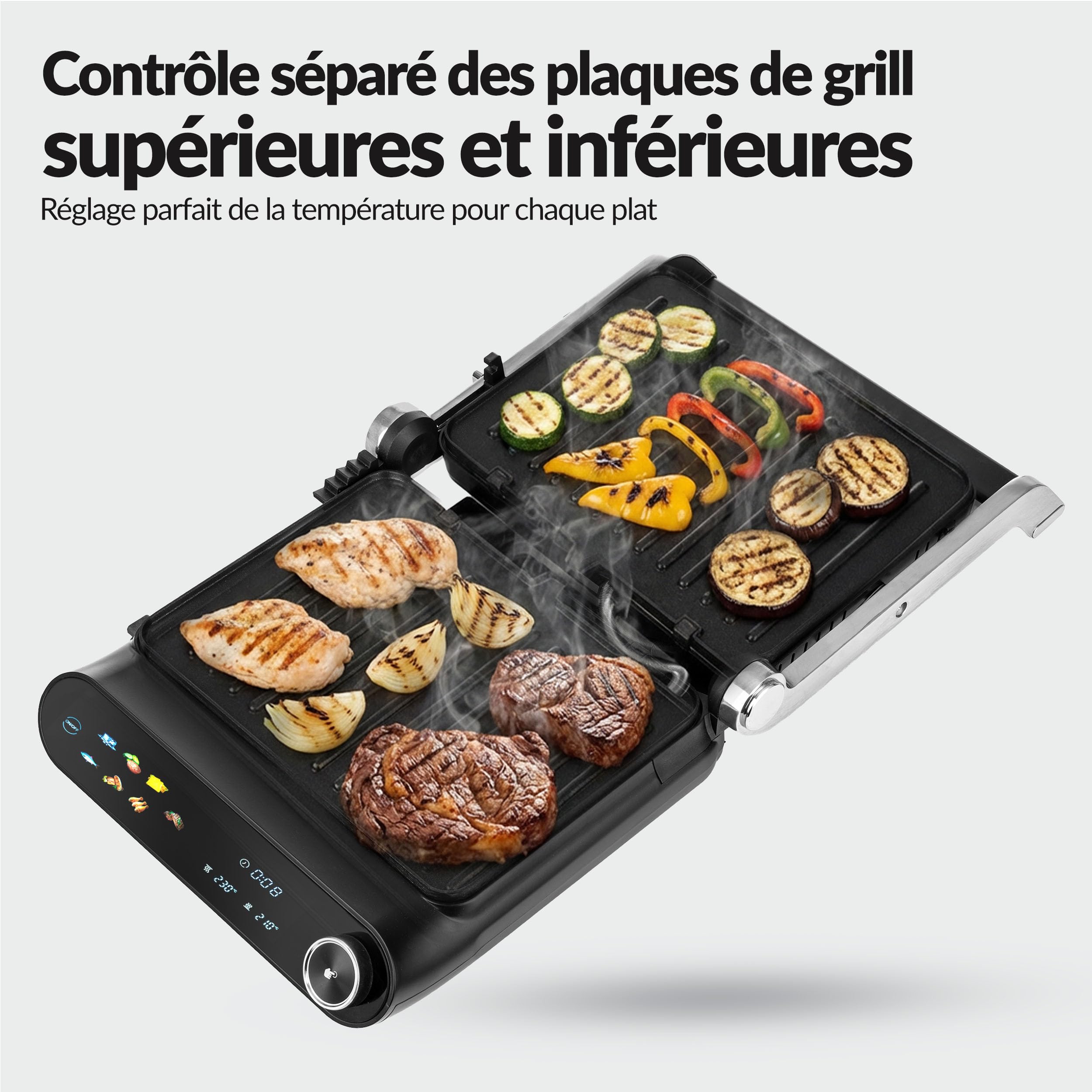 LEHMANN Grill électrique multifonction 2-en-1 pour Viande et Panini, 2200 W, Ouverture à 180°, Plaques Antiadhésives Amovibles, 10 programmes, Réglage Température 90-230 °C, Timer 1-240 min