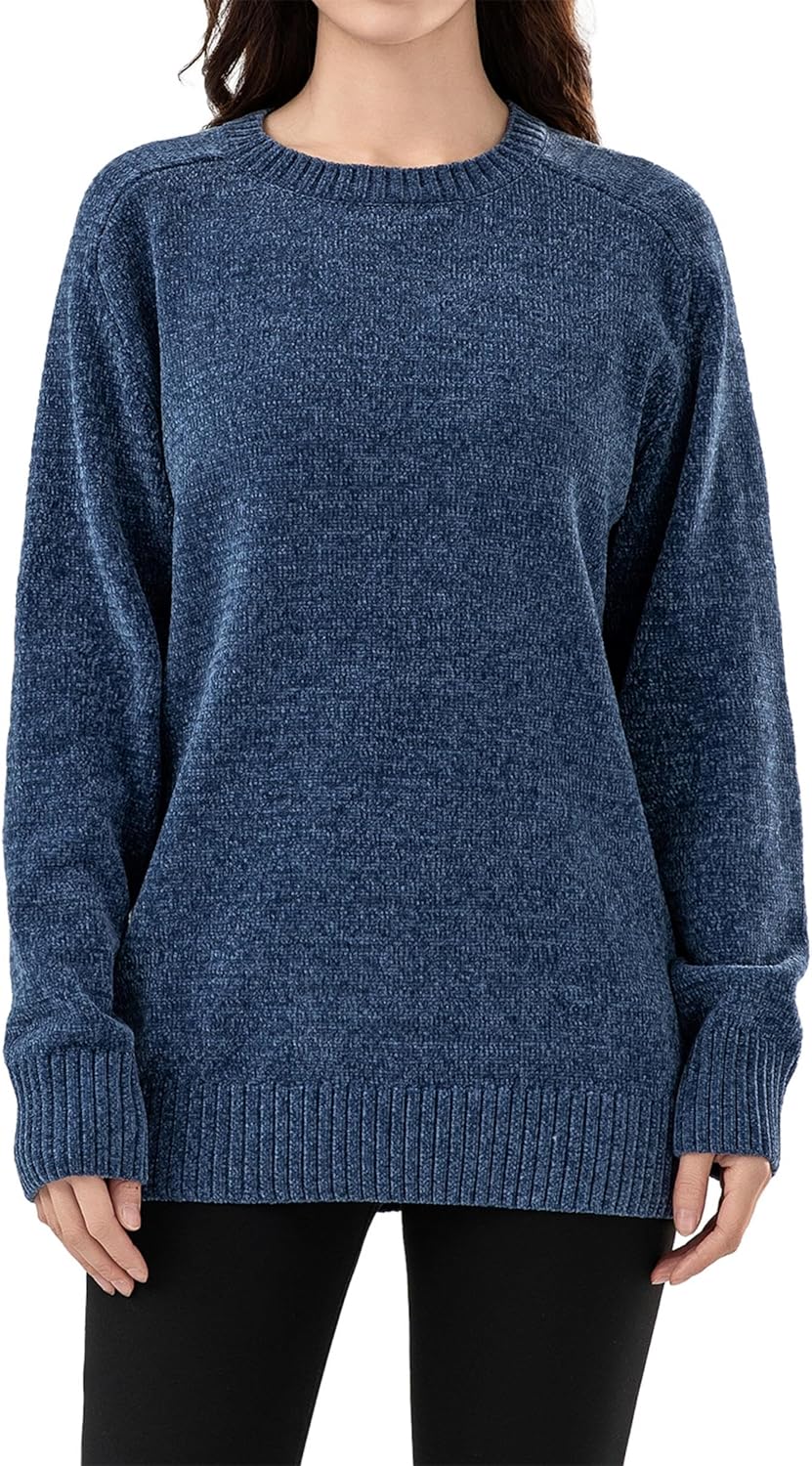 Simple&Opulence Women's Chenille Sweater Crewneck Long Sleeve Pullover Ribbed Cuff Hem Round Neck Jumper Tops