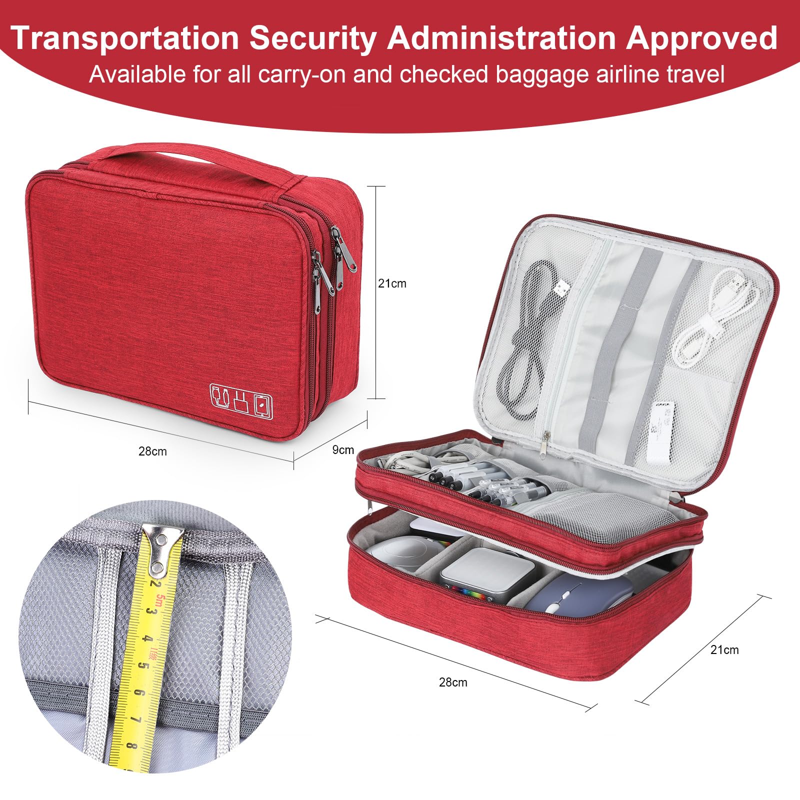 AiQInu Organizer Na Kable Torba Podróżna Wodoodporny Przenośny Organizator Na Kable Do Ładowarki, Pamięci USB, Słuchawek, Powerbanku, Dysku Twardego, Karty SD, Czerwone WinO - 3 Warstwy