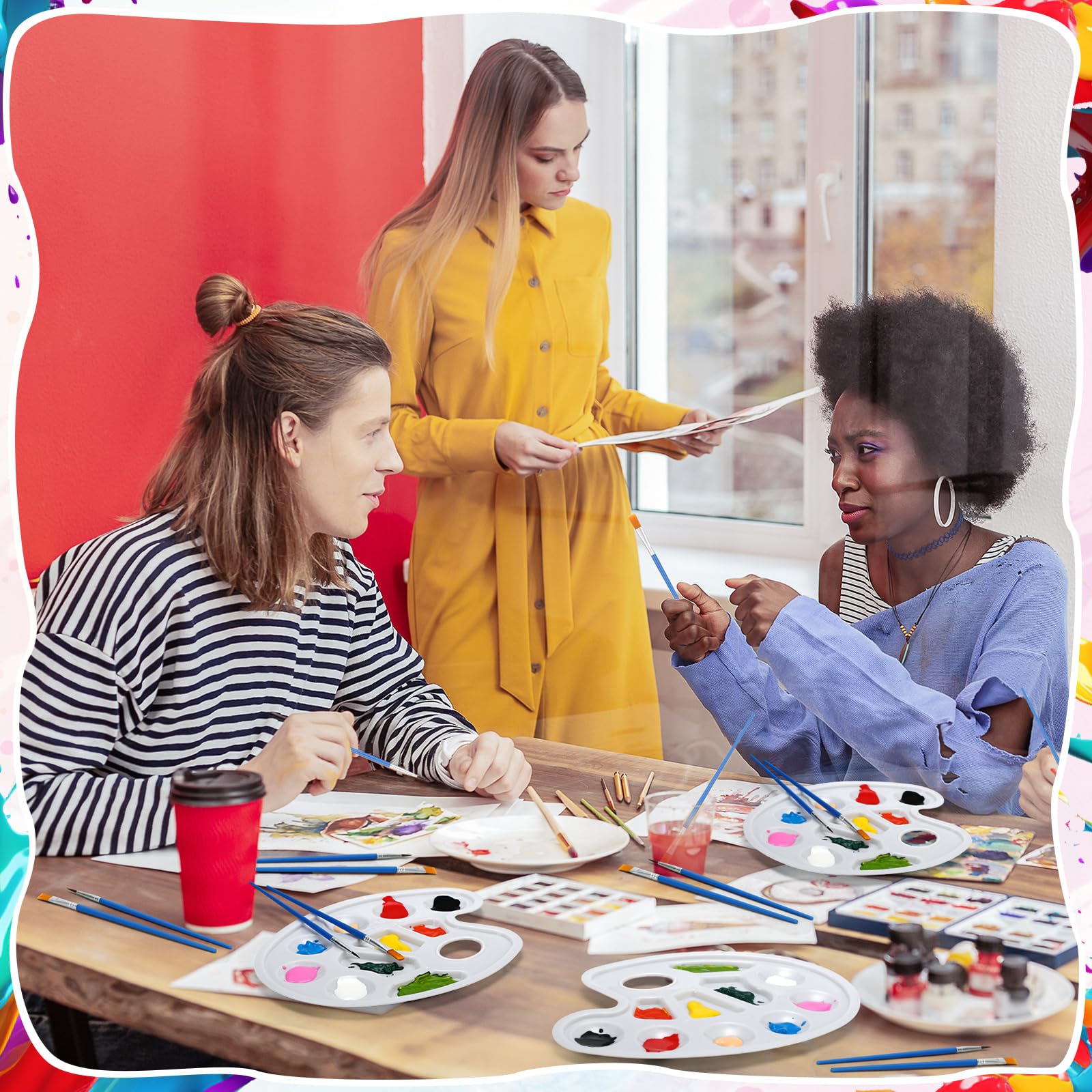 Juego de 100 pinceles de pintura de nailon, 50 paletas de bandeja de pintura, paletas de plástico, pinceles de pelo de nailon para acrílico, aceite, acuarela, estudiantes, fiesta de pintura