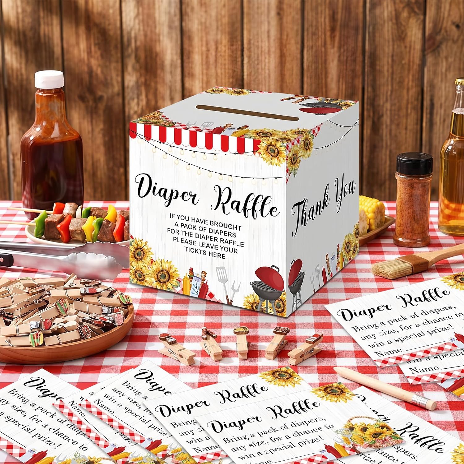 BBQ Diaper Raffle Kit, 50 Pcs Diaper Raffle Tickets and 1 Pc Diaper Raffle Card Box, Barbecue Themed Baby Shower Supplies with Advice & Wishes Insert Cards image 4