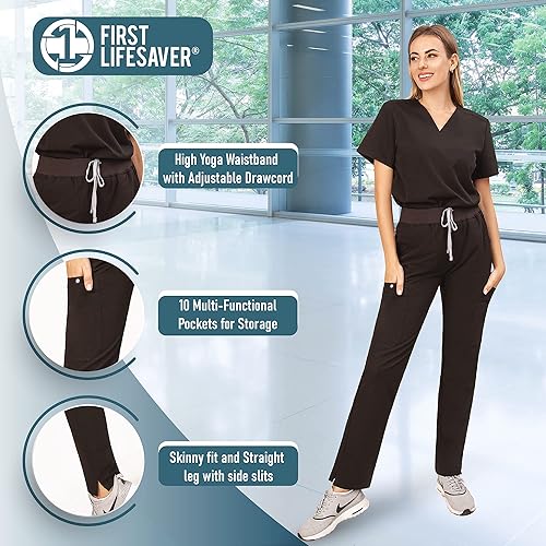 Vista 2 de First Lifesaver Pantalones médicos para mujer, ajustados, súper suaves, elásticos, 10 bolsillos, pantalones médicos antiarrugas