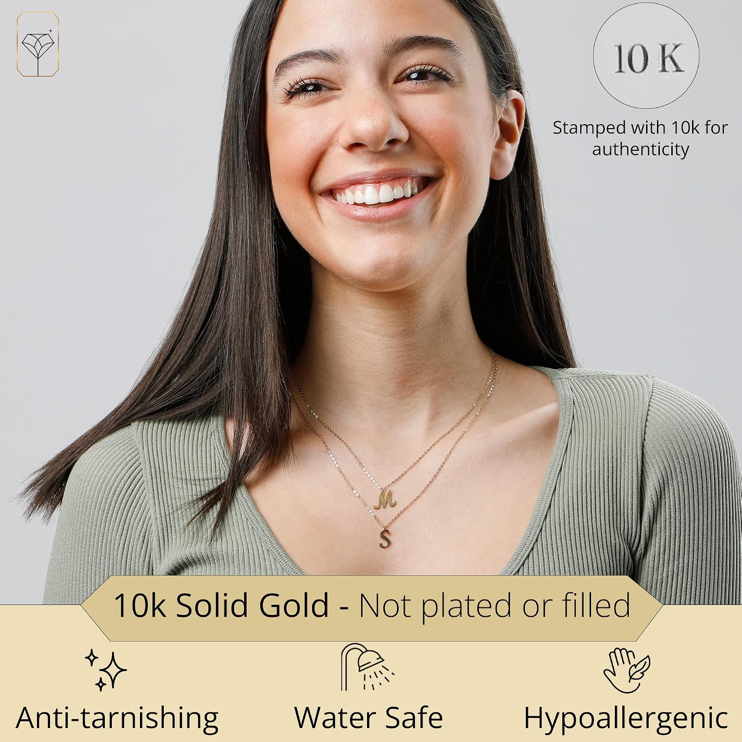 MAX + STONE 10k Solid White or Yellow Gold Dainty Script Initial Extendable Necklace, 16+2 inches