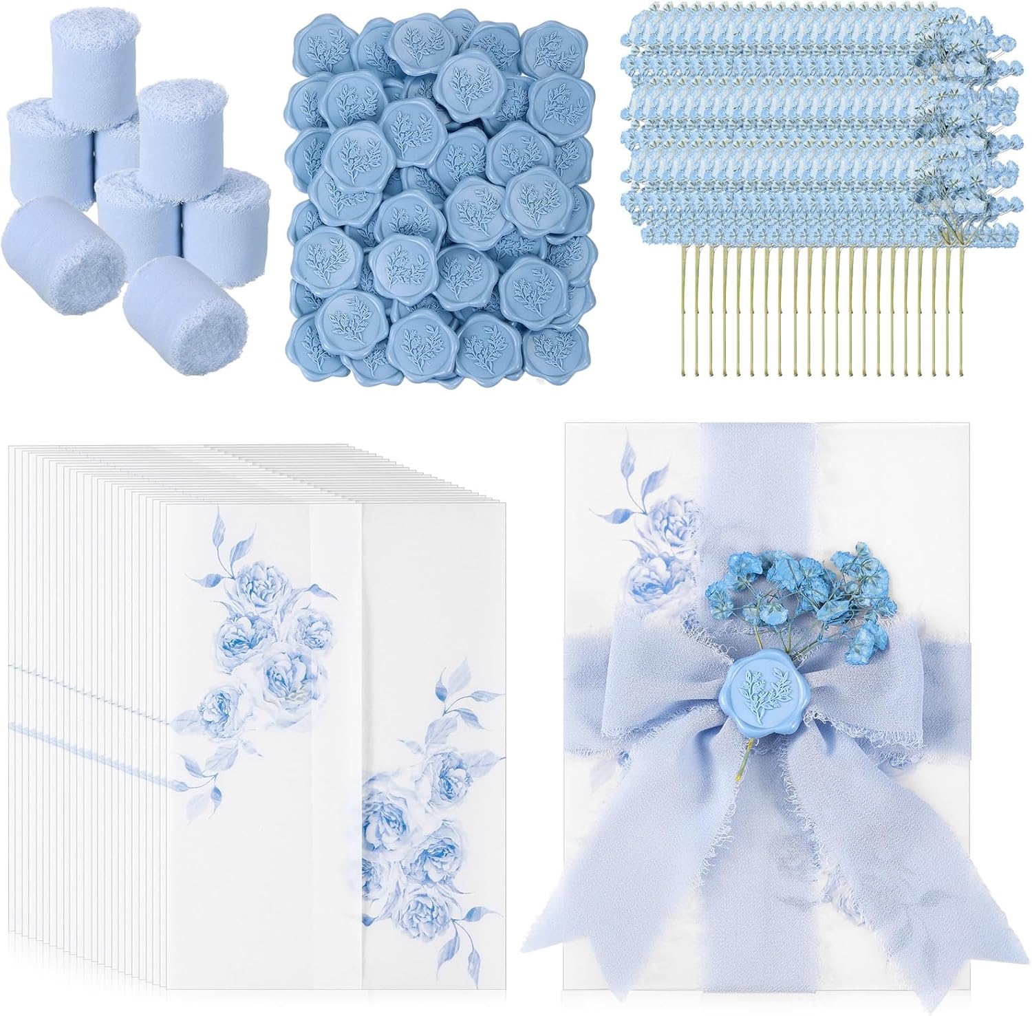 Fullhawl 50 Sets Wedding Invitations Wraps Set Pre Folded Vellum Jackets for 5 x 7 Invitations Dried Flowers Wax Seal Stickers Chiffon Silk Ribbon for Wedding Birthday Bridal Shower Craft DIY (Blue)