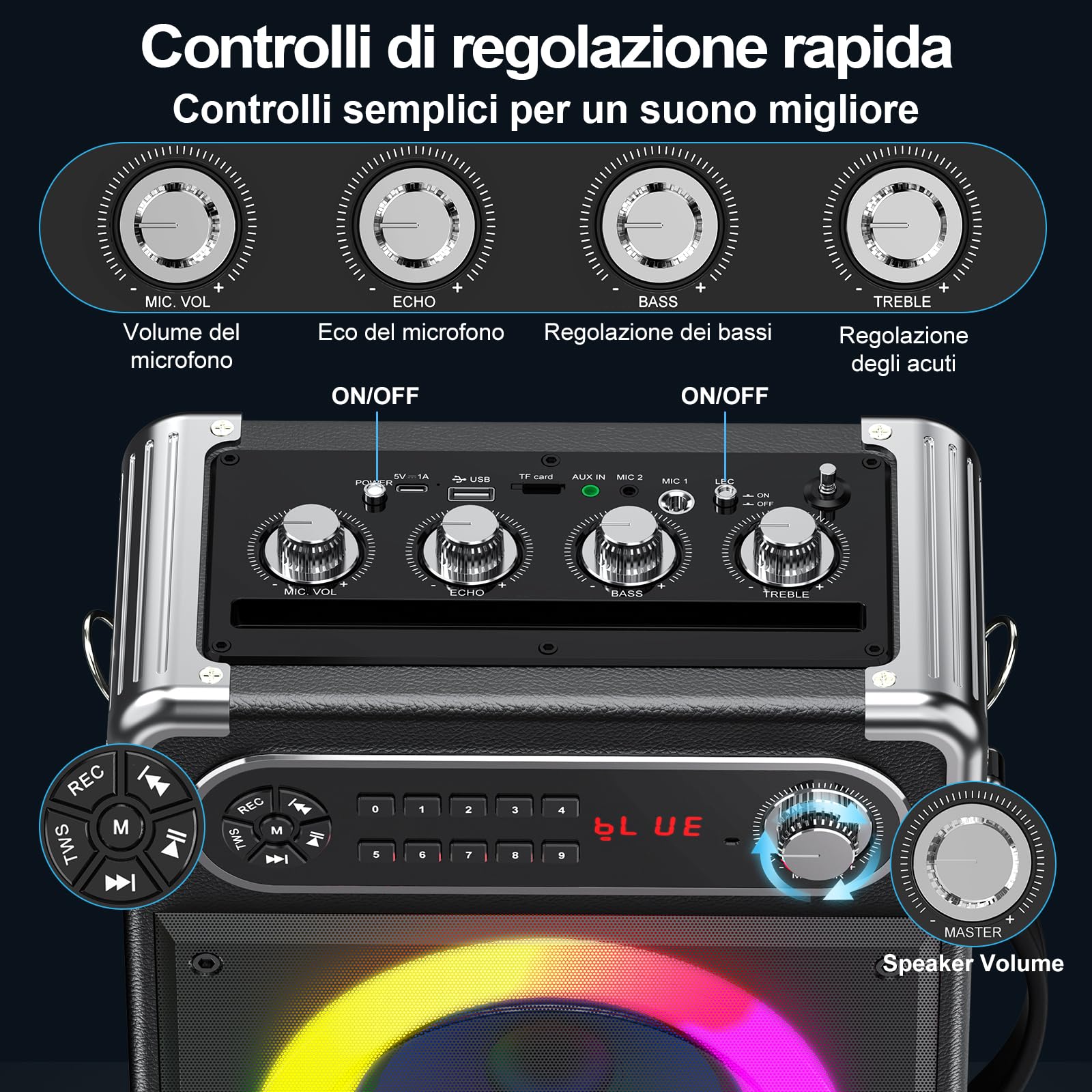 JYX Karaoke con 2 Microfono, Sistema Portatile 6,5'', 80W Cassa Bluetooth 5.3 Altoparlante, Controlli per alti/bassi e luce LED, Compatibile TWS, USB/TF/Radio FM, Funzione Registrazione, Nero