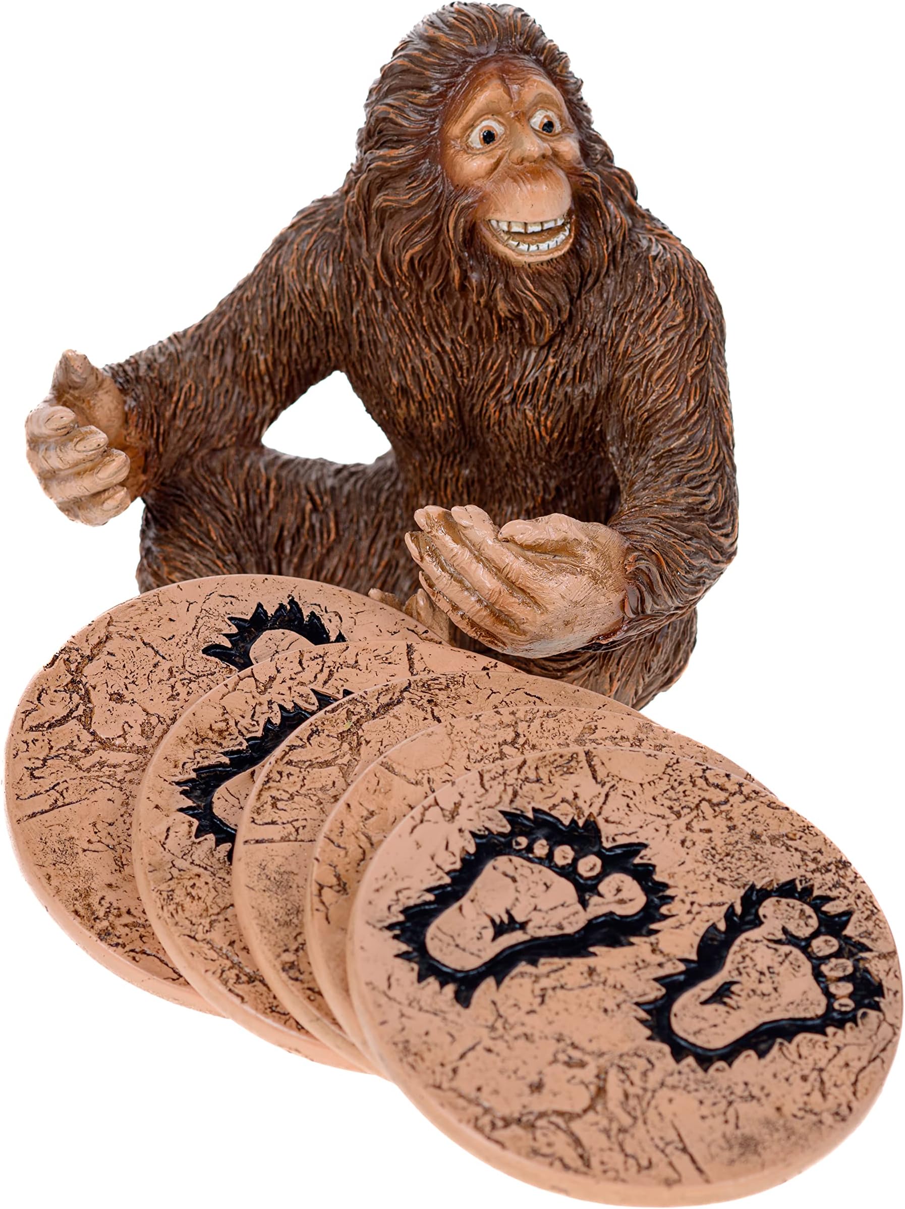 Pine Ridge Rustic Chic Drink Coaster Set with Holder for the Man Cave Old West Decor Rustic Hunter Cabin Theme Cabin Dining Furniture Gun Gifts for Men (Bigfoot Sasquatch Brown)