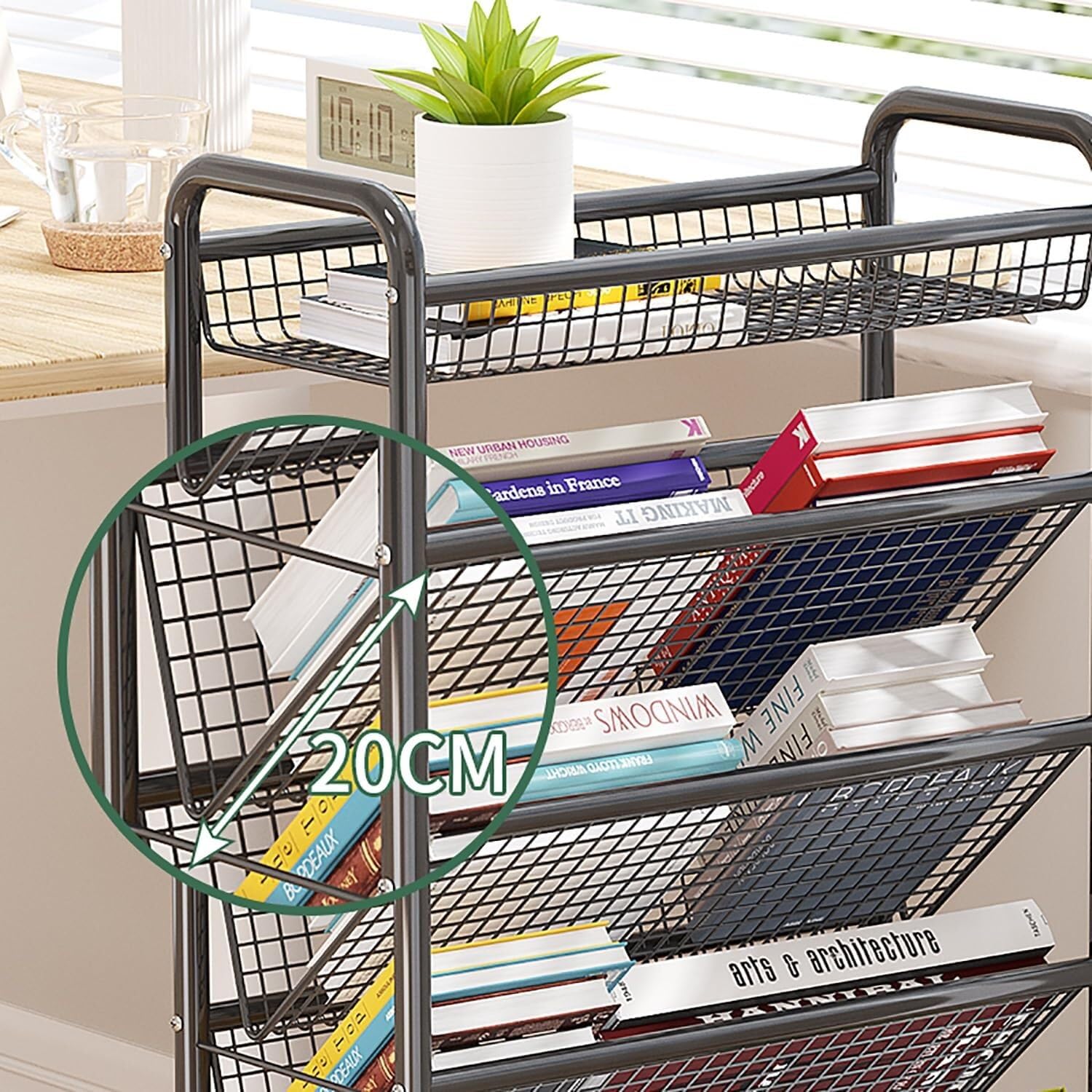 Rollbarer Bücherwagen mit Rädern für mobile Bücherregale, kompakter Schreibtisch-Aufbewahrungswagen, bodenstehendes Metall-Bücherregal/Eckregal, Zeitschriftenregal für enge Räume(Schwarz,5 Tier)