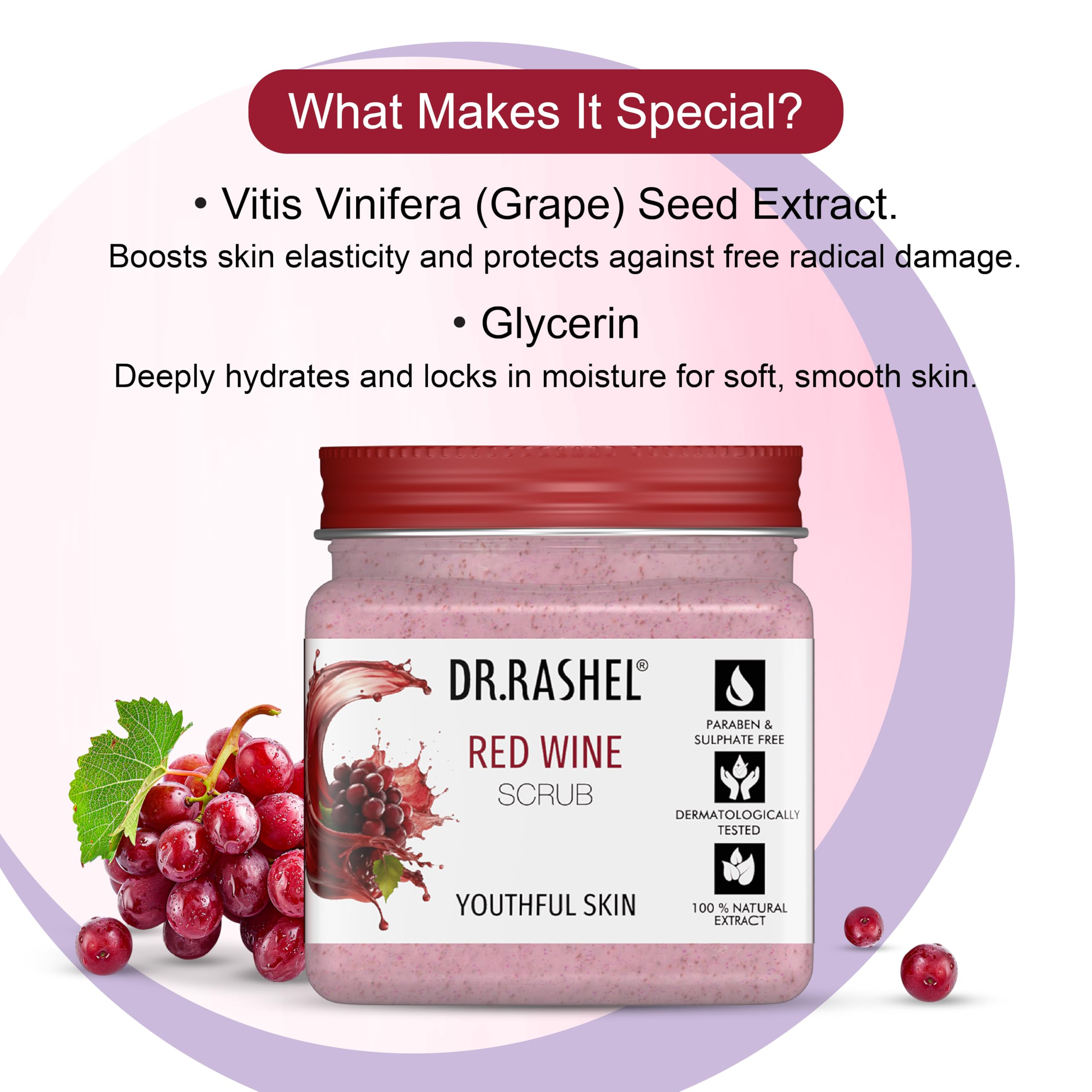 DR.RASHEL Red Wine Scrub | Natural Exfoliating Face & Body Scrub | With Antioxidants | For Youthful Glow | Paraben-Free | Anti-Aging Formula | 380 ml - Image 5 thumbnail