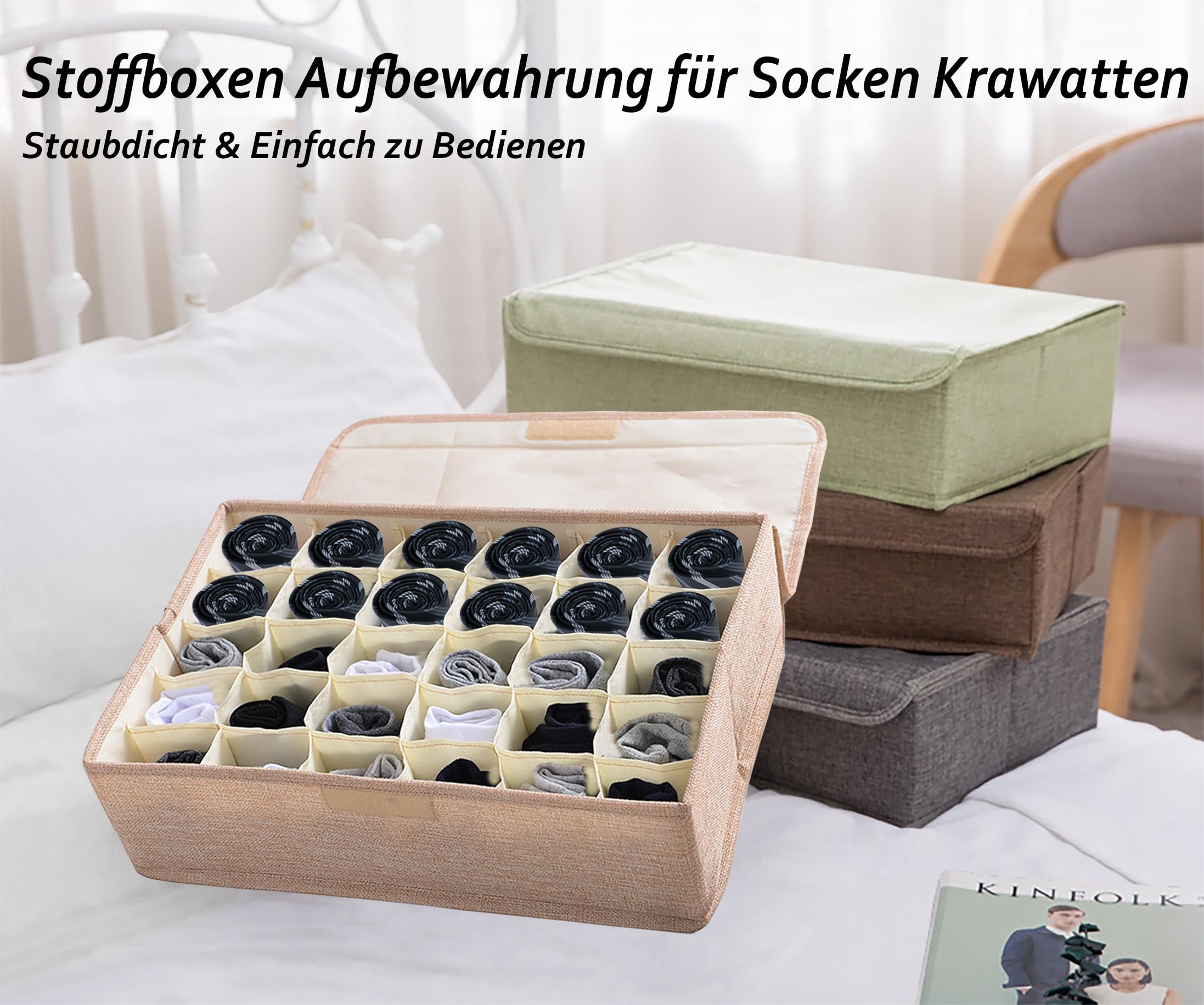 AARAINBOW Stoff Schublade Organizer mit Deckel 2er Set, Faltbar Unterwäsche Organizer Stoffboxen Aufbewahrung für Socken, 30 Fächer Organizer für Krawatten Schubladen Organizer Socken Boxen（2 Beige） Küche, Haushalt & Wohnen