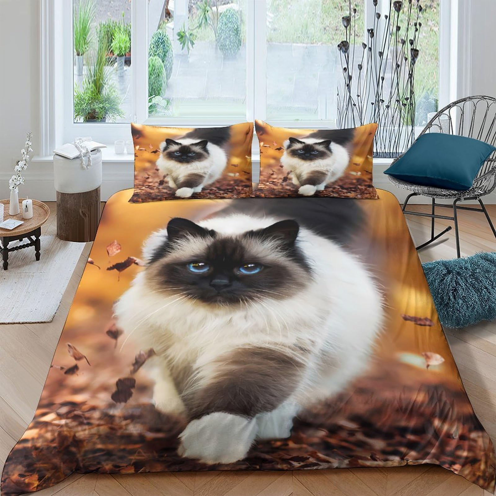 XFKLYNVCJ 3D Printed Fluffy cat walking Bedding Cover Microfiber Autumn leaf scene Duvet Cover Machine Washable Quick Drying for College Dormitory Student Accommodation Bedding Use Single（135x200cm）