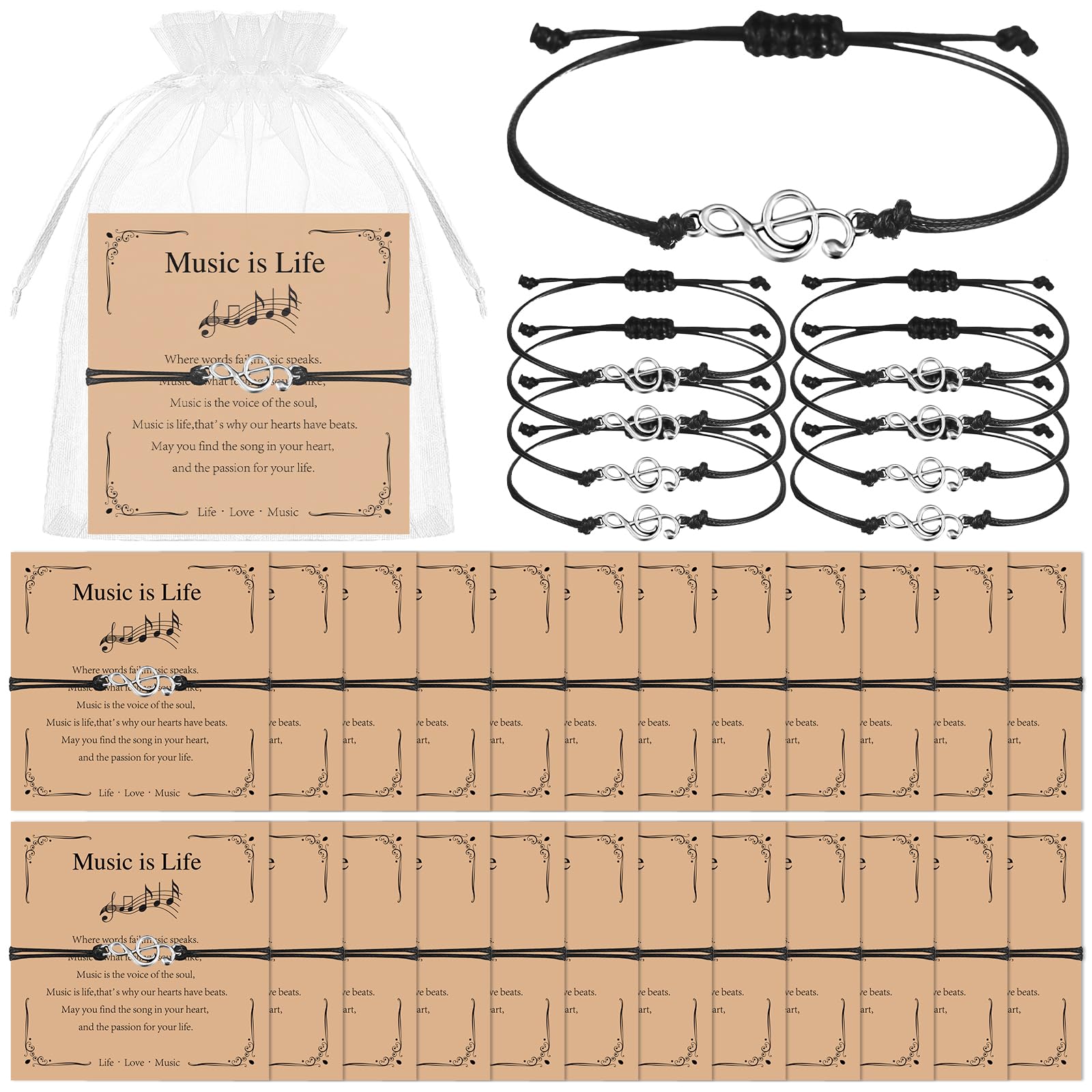 24 Set Music Gifts Bulk Musical Note Bracelets with Inspirational Cards Music Lovers Gifts Musician Accessories Choir Appreciation Gift Musical Party Favors for Musician Choir Teacher Students