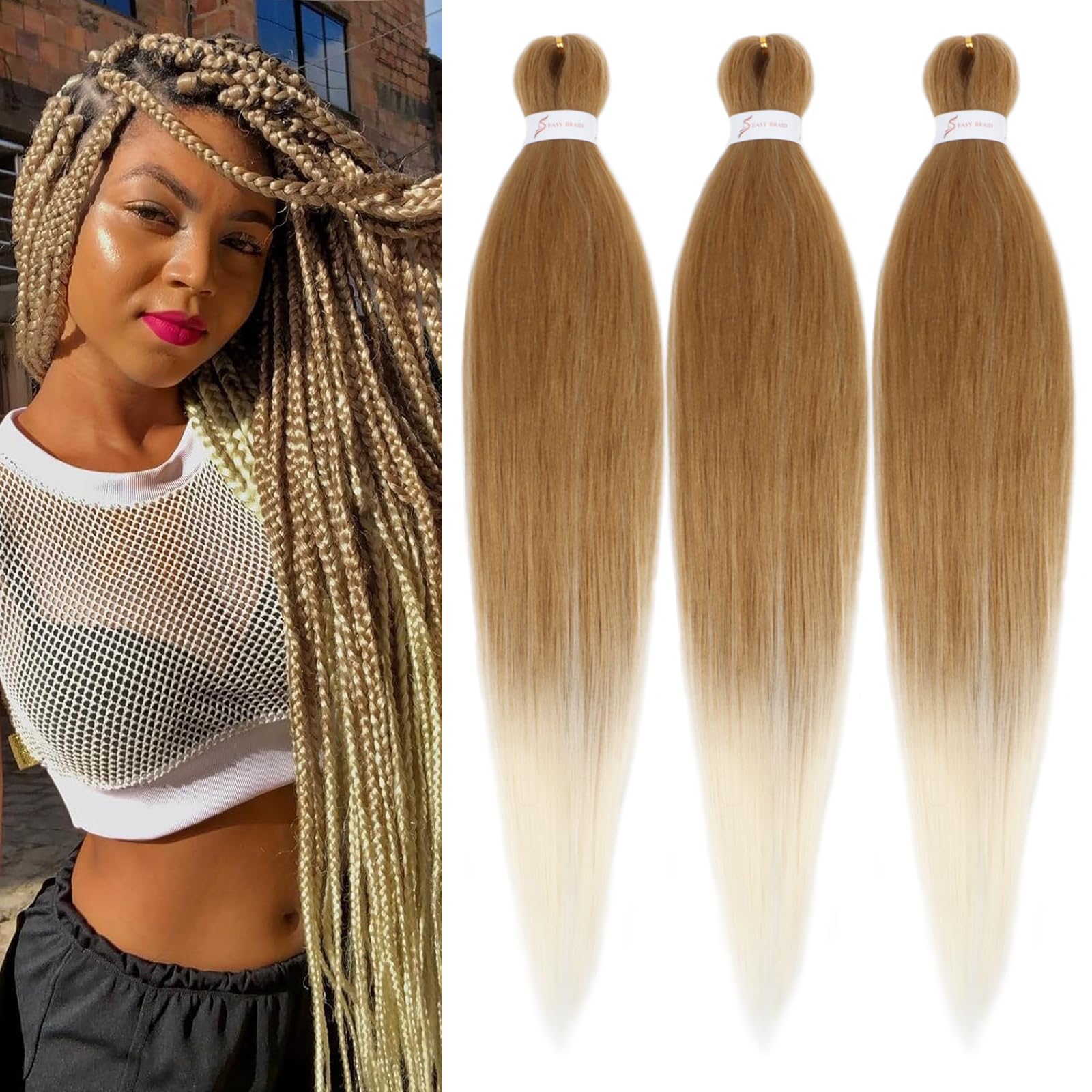 Pelo trenzado preestirado de 24 pulgadas, 3 paquetes, cabello estirado para extensiones de cabello trenzado profesional, ajuste de agua caliente, cabello sintético con textura Yaki (27/613#)