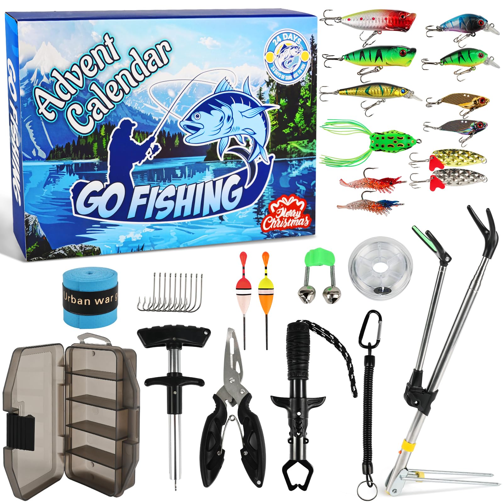 Calendario de Adviento de pesca 2025 para adultos, hombres, adolescentes y niños, kit de accesorios de aparejos de pesca de 24 días, regalos de pesca de cuenta regresiva de Navidad con