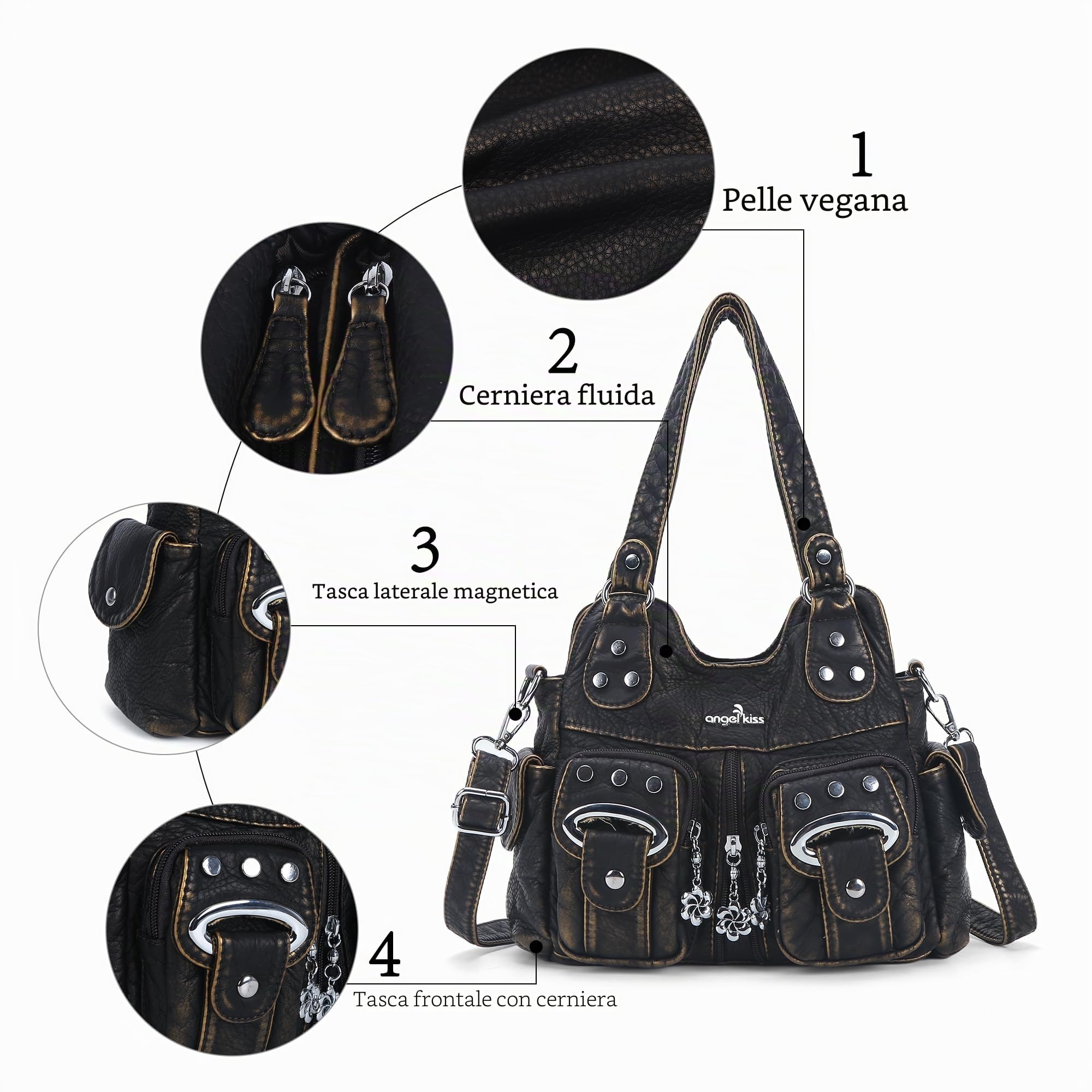 Angel Kiss Piccola borsa a tracolla da donna, in ecopelle lavata con molteplici tasche, borsa a mano con tracolla regolabile