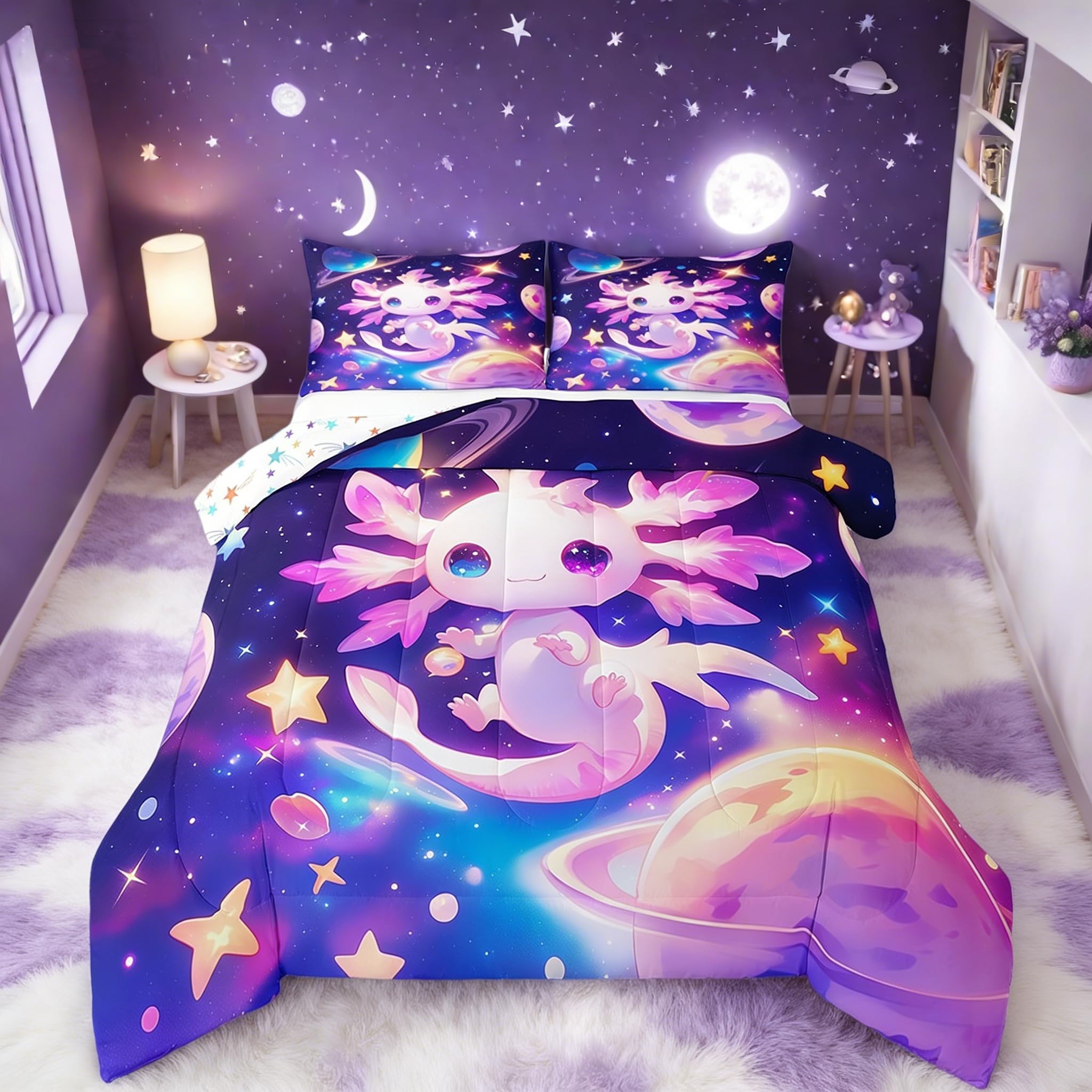 Erosebridal Axolotl Quilt Full Size for Kids Boys Girls,Galaxy Planet Space Bedding Set Cartoon Animal Comforter Set Purple Dreamy Starry Bedding