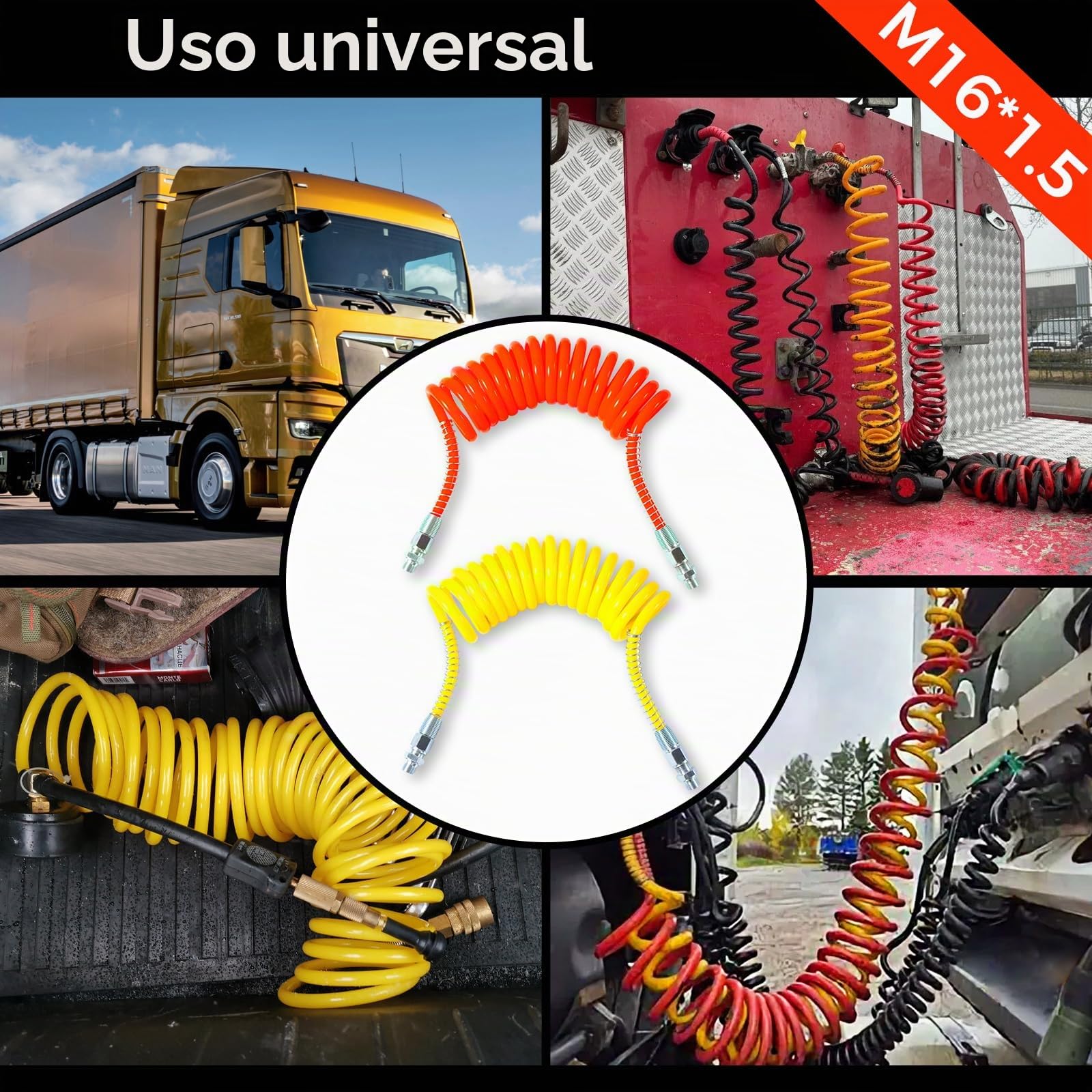 Juego de mangueras espirales de aire de 4m Amarillo y Rojo – Resistente manguera espiral de aire comprimido para camiones, remolques y agricultura (M16*1.5)