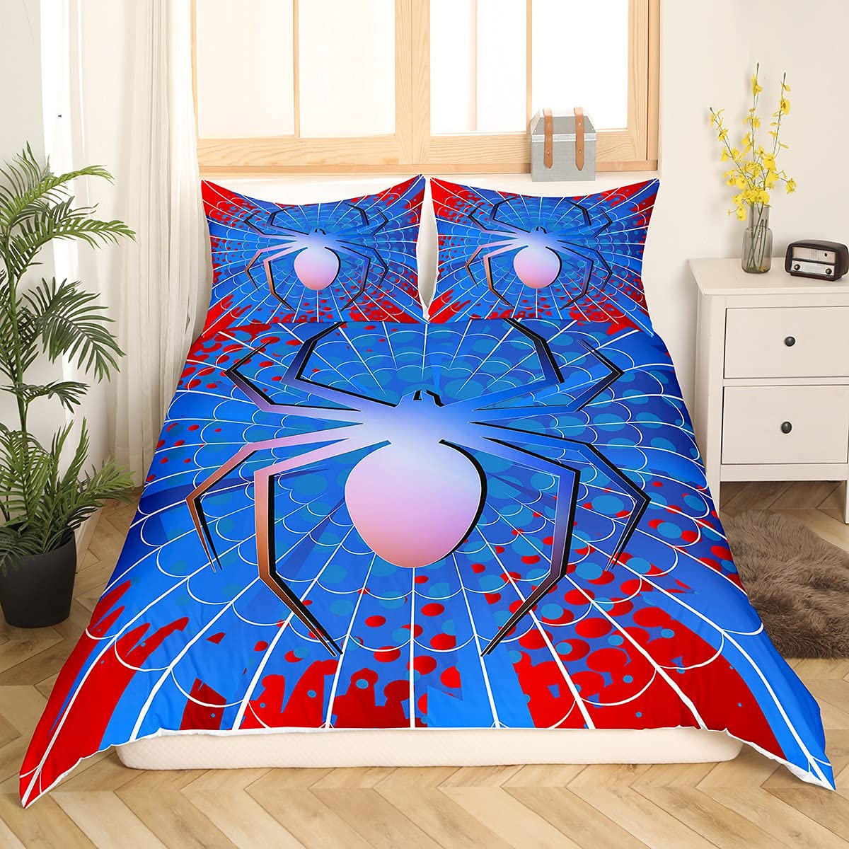 Loussiesd Juego de ropa de cama de araña para niños y niños, ropa de cama y lino azul rojo funda de edredón araña y lino Super King 3 piezas