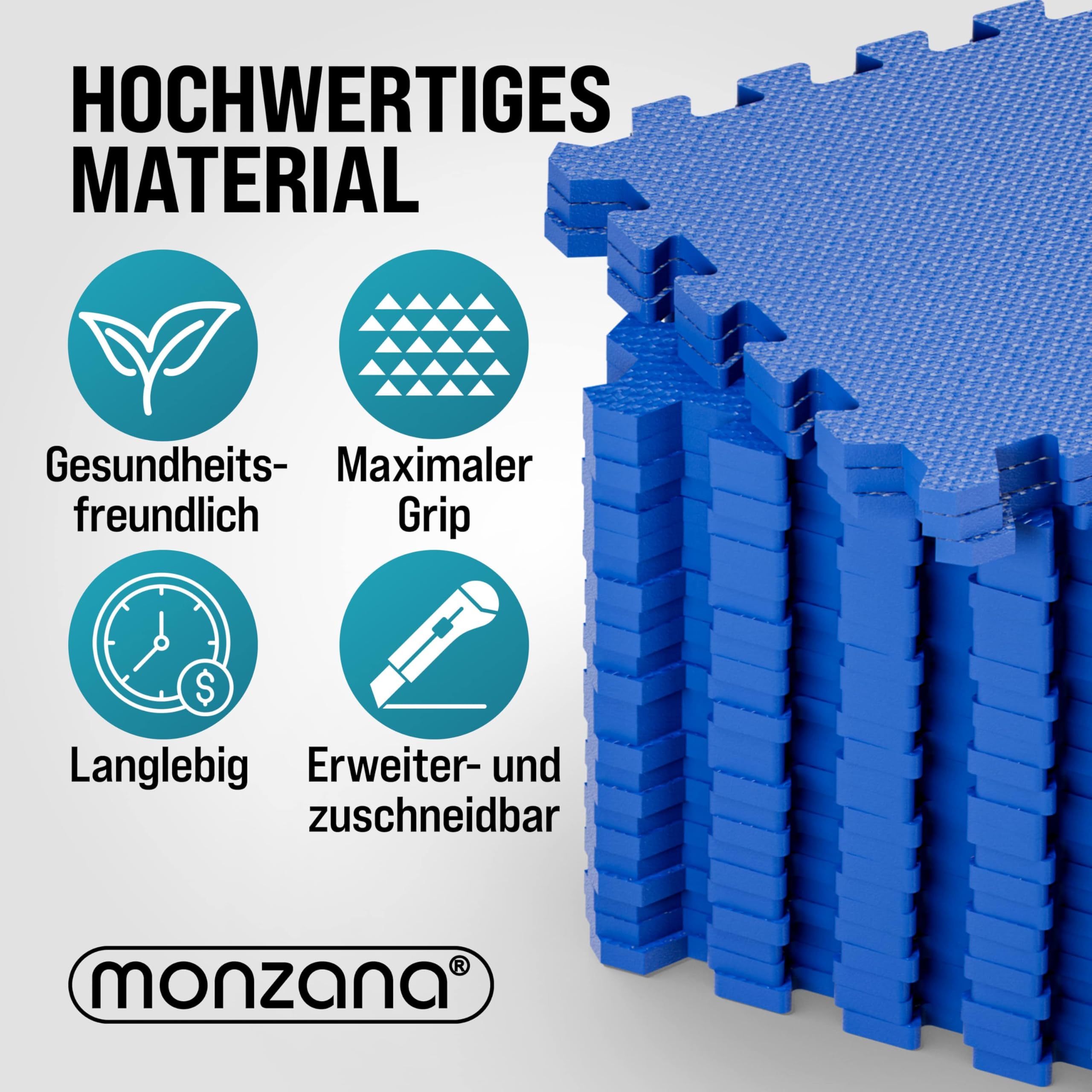 MONZANA® 32x Bodenschutzmatte für Pool & Fitness 45x45cm rutschfest Fitnessgerät Wärmeisolierend Eva-Schaumstoff Erweiterbar Unterlage Blau