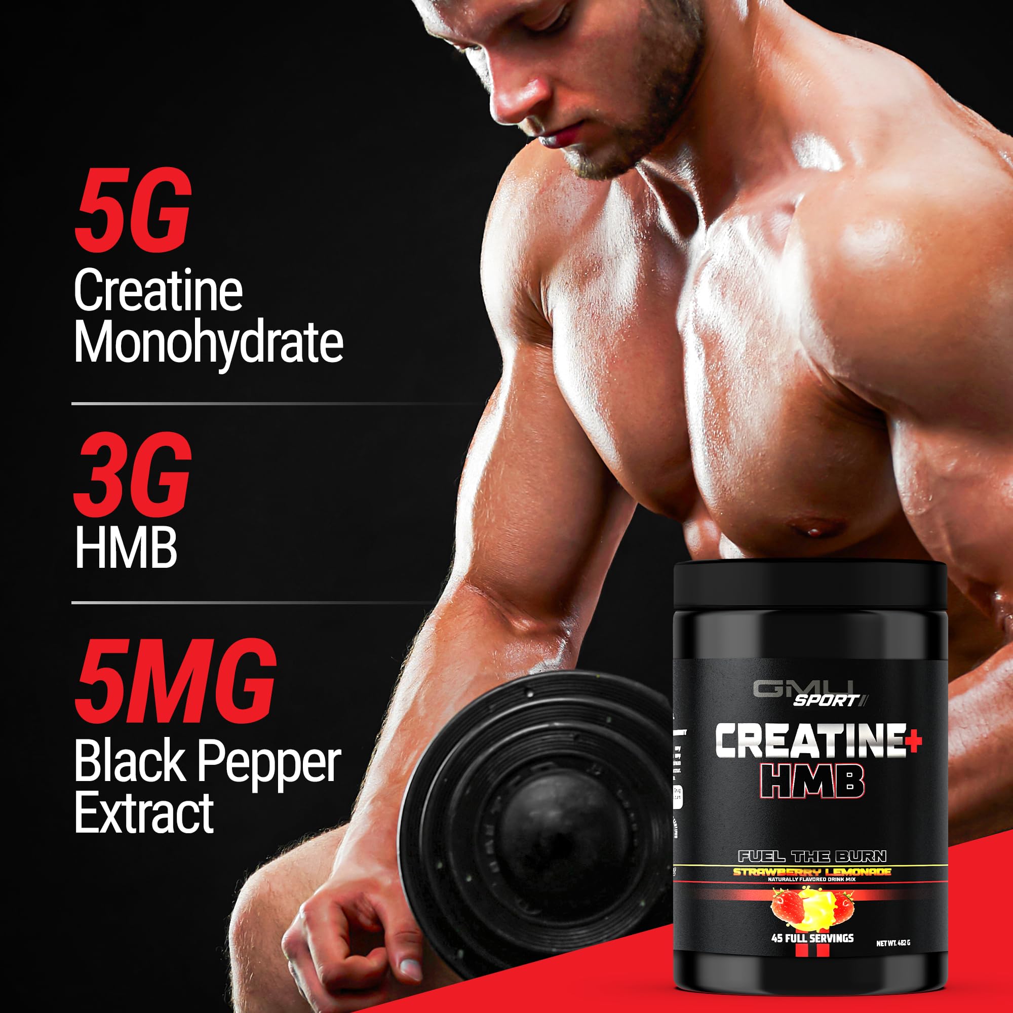 GMU SPORT Creatine HMB Powder – 45 Servings – Clincaly Dosed, 5g Creatine Monohydrate + 3g HMB + Piperine – Muscle Growth, Strength & Recovery | Strawberry Lemonade Drink Mix for Men & Women — Amazon image 2