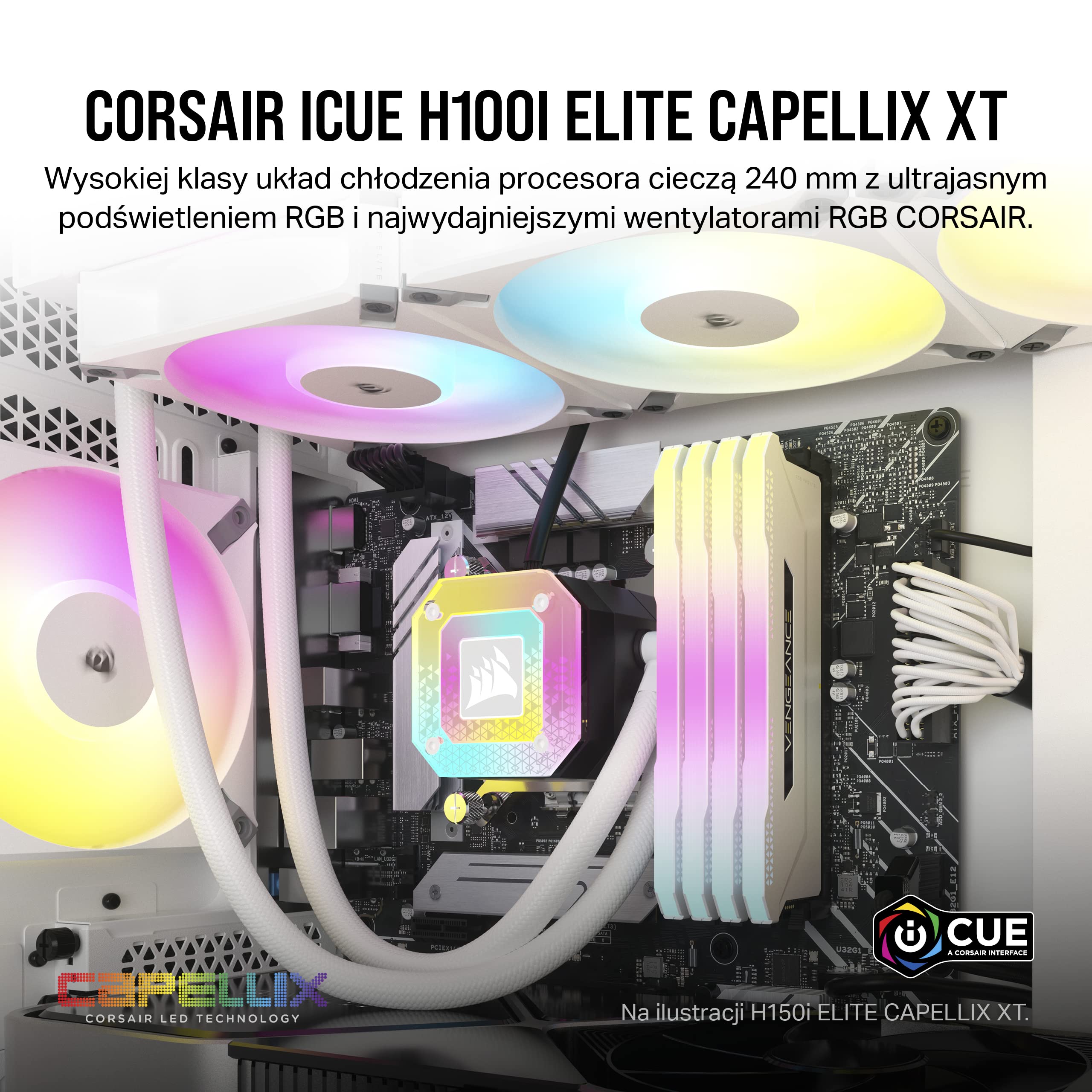 Corsair iCUE H100i ELITE CAPELLIX XT Układ Chłodzenia Procesora Cieczą - Dwa Wentylatory AF120 RGB ELITE - 240mm Radiator - Intel® LGA 1700, 1200, 115X, 2066, AMD® AM5, AM4 - Bialy