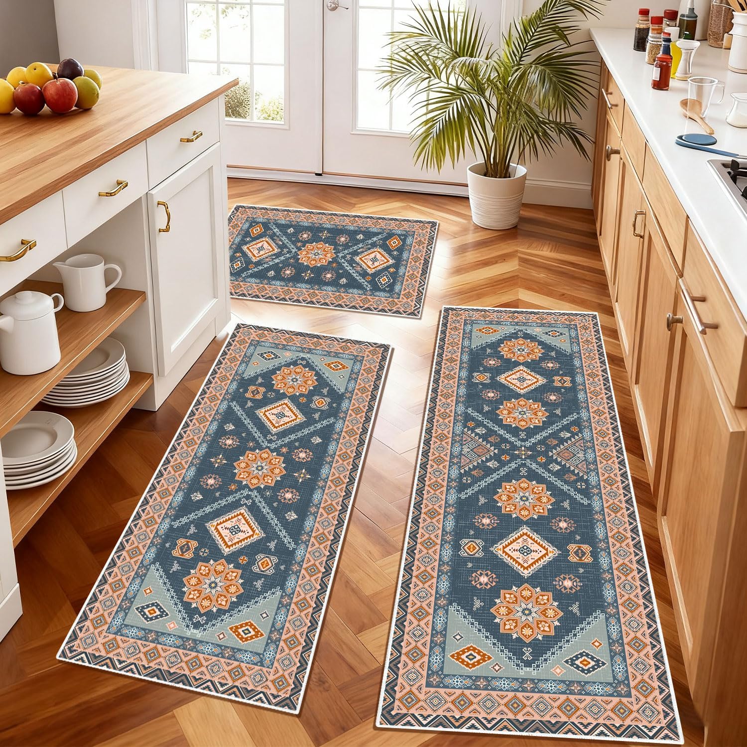 Boho Kitchen Rugs 3 Piece Set Washable Non-Slip Floor Mats, Farmhouse Decor Soft Runner Carpet for Hallway, Laundry Room, Indoor Entryway (Blue Orange, 20"x32"+20"x47"+20"x59")