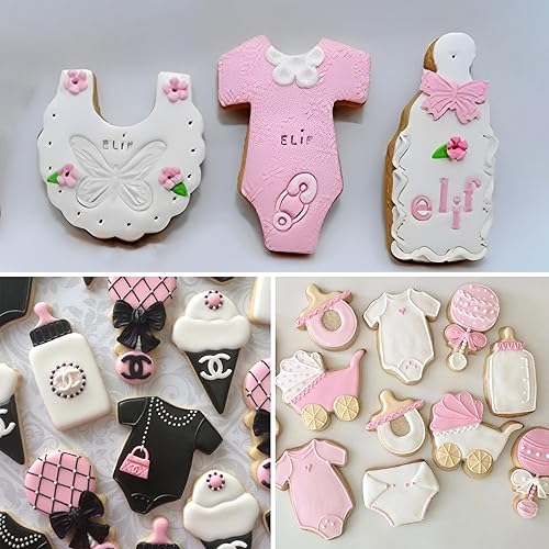 Miniatura 5 de Cortadores de galletas de 3 piezas para baby shower, de acero inoxidable, con formas de mameluco, babero, botella para celebraciones y fiestas