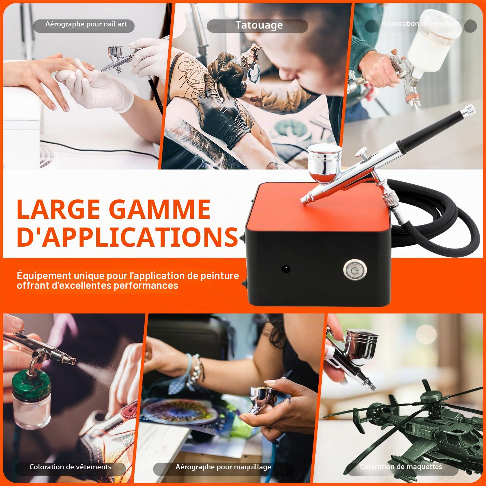 Compresseur Aerographe Complet Kit avec Peinture Acrylique, Kit Aérographe Double Action avec Démarrage et Arrêt Automatiques Compresseu pour Nail, Peinture, Modelisme, Tatouage, Maquillage, Gâteaux