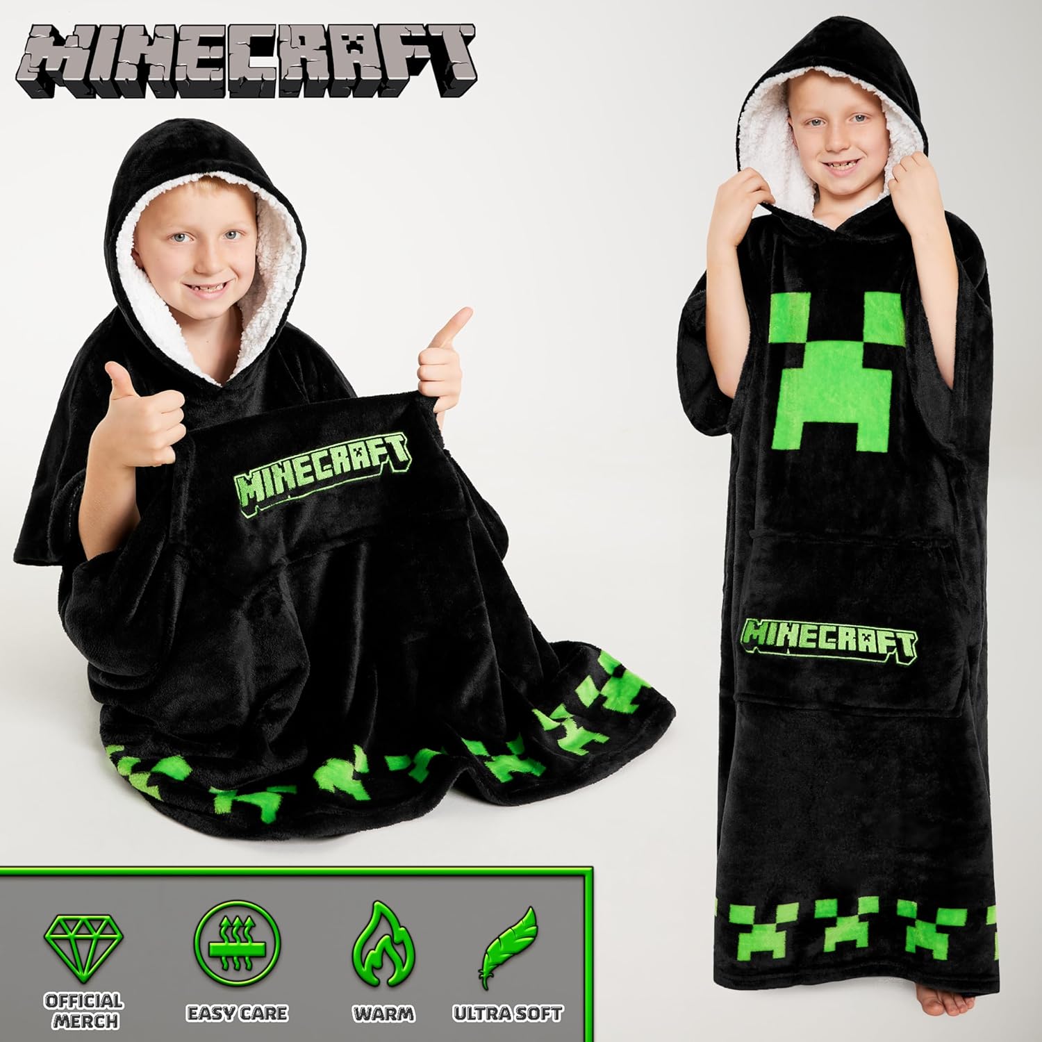 Minecraft Blanket Hoodie for Kids, Teens, One Size Soft Oversized Fleece Poncho, Cozy Hoodie Blanket, Gamer Gifts for Boys - Image 5