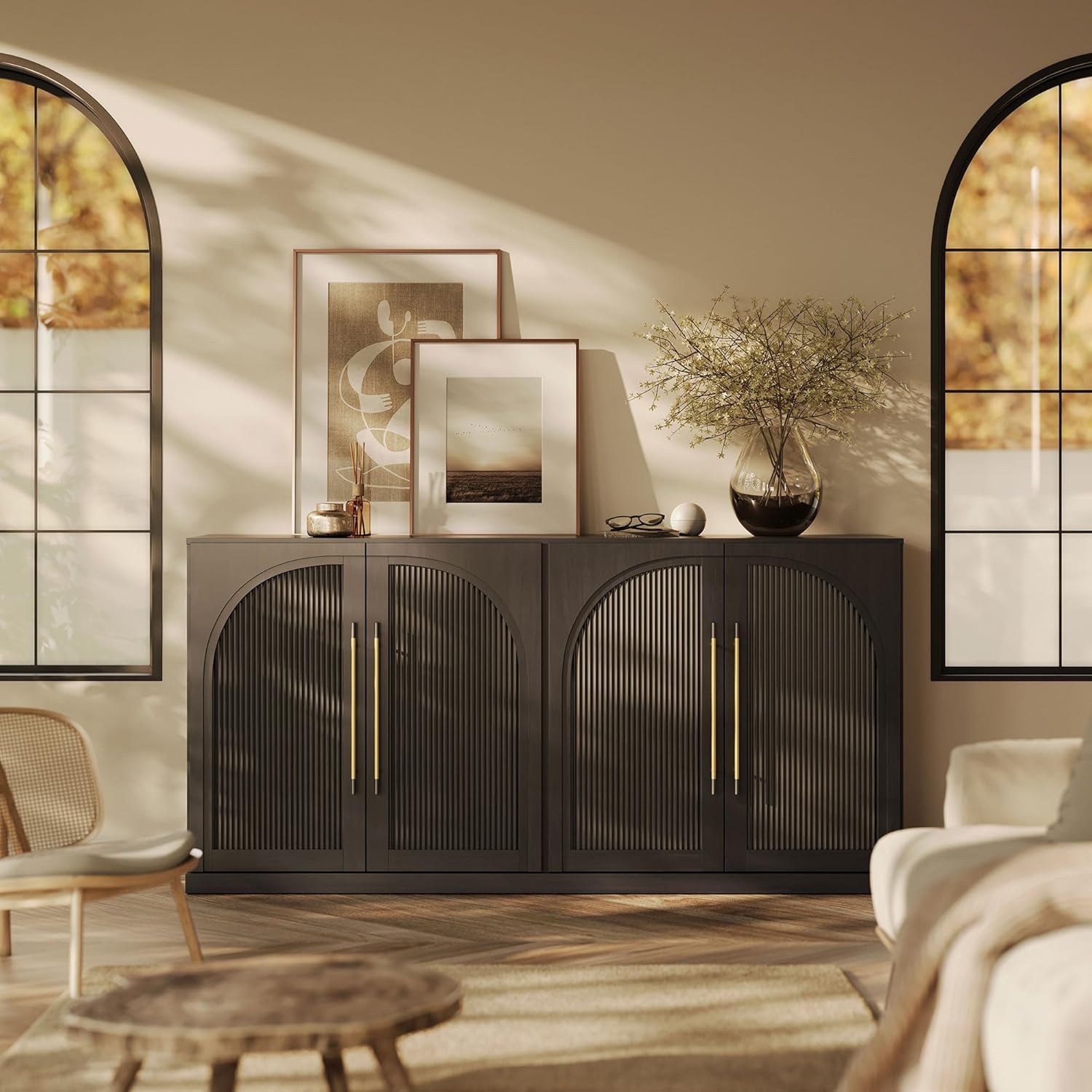 BELLEZE 65 Inch Ebony Sideboard Buffet Cabinet with Double-Arc Wood Doors, Adjustable Shelves, Modern Storage Console for Dining Room