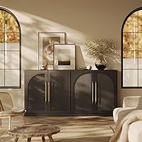 BELLEZE 65 Inch Ebony Sideboard Buffet Cabinet with Double-Arc Wood Doors, Adjustable Shelves, Modern Storage Console for Dining Room