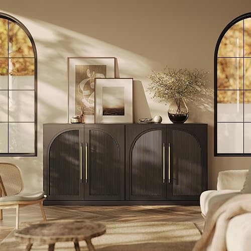 BELLEZE 65 Inch Sideboard Cabinet with Double-Arc Wood Doors, Large Buffet Cabinet with Storage and Adjustable Shelves, Classic Modern Console Table for Dining Room Living Room Entryway (Ebony)