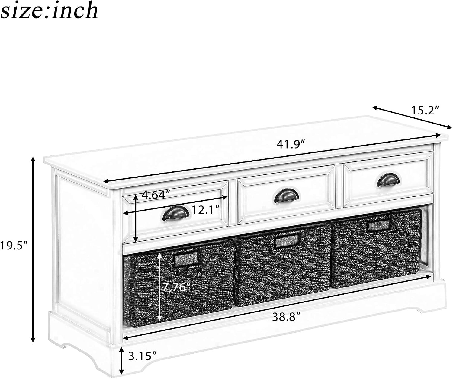 P PURLOVE Storage Bench Homes Collection Wicker Storage Bench with 3 Drawers and 3 Woven Baskets, Wood Entryway Shoe Bench for Hallway, Entryway, Mudroom and Living Room