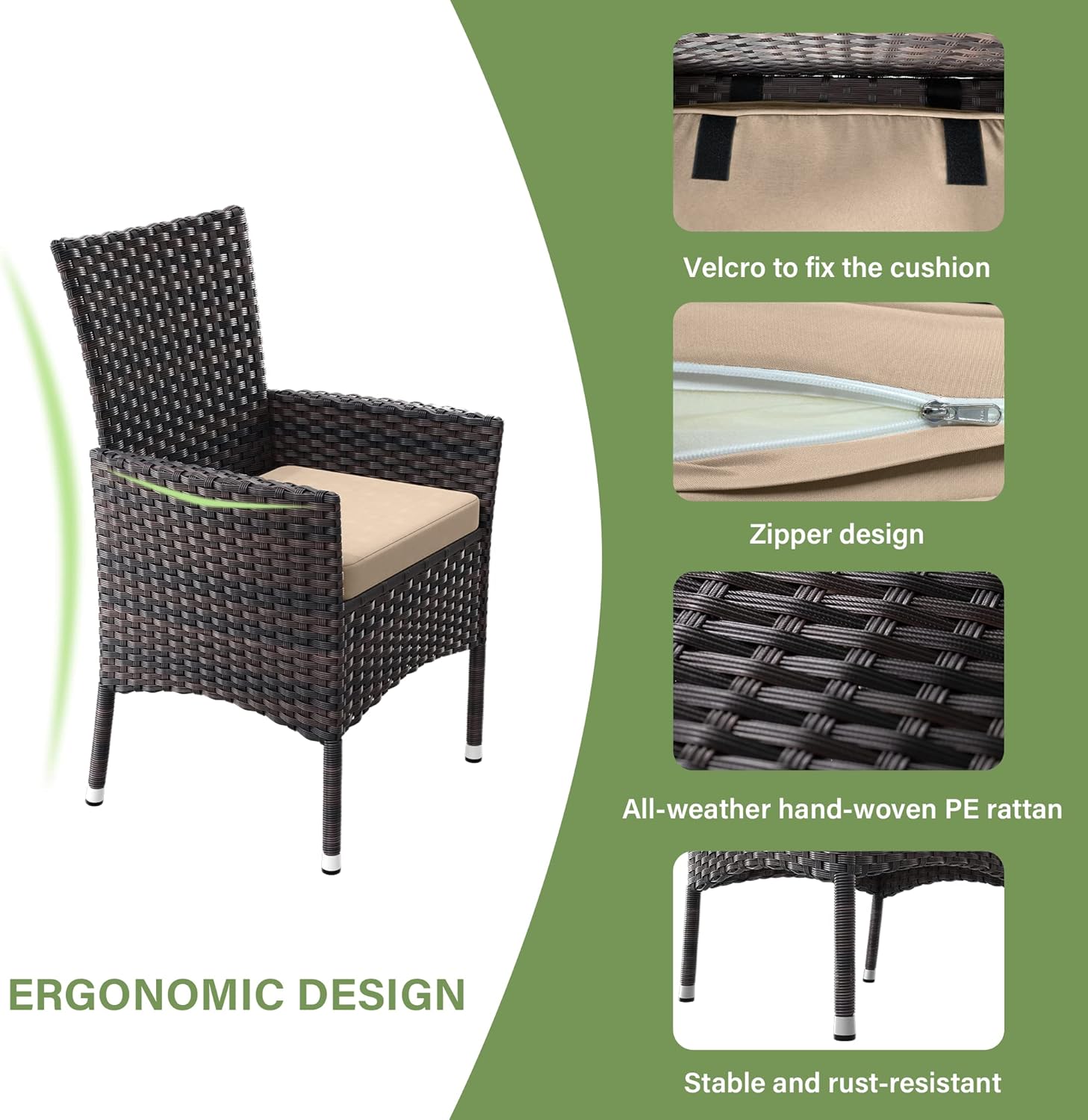 ALAULM 5 Piece Patio Dining Set All-Weather Wicker Outdoor Patio Furniture Set w/Tempered Glass Tabletop, Removable Cushions and Umbrella Hole for Patio, Backyard, Garden, Poolside（Brown）