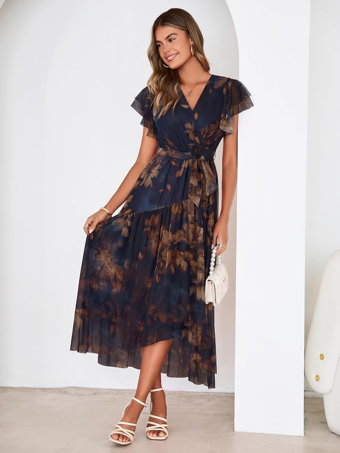 Simplee Womens Summer Floral Maxi Dress 2026 Short Sleeve V Neck Belted Mesh Hem Split Flowy Beach Wedding Guest Dresses - Image 4