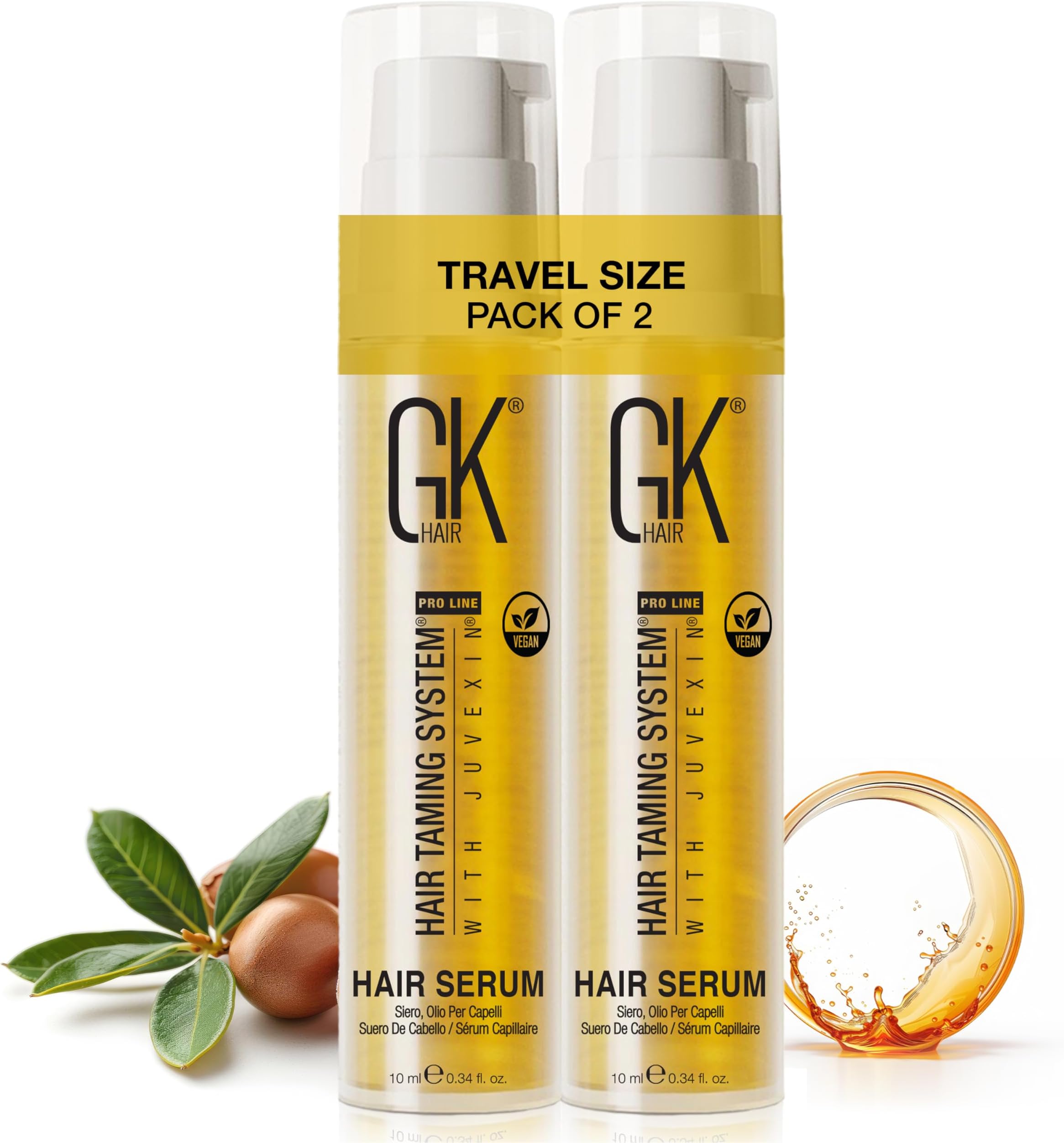 GK HAIR Pack of 2 Keratin Travel Size Anti-Frizz Serum -Vegan Organic Argan Oil Hair Smoothing Strengthening Treatment Hydrating Nourishing Heat Protection Shine Repair for Dry Damaged -20ml