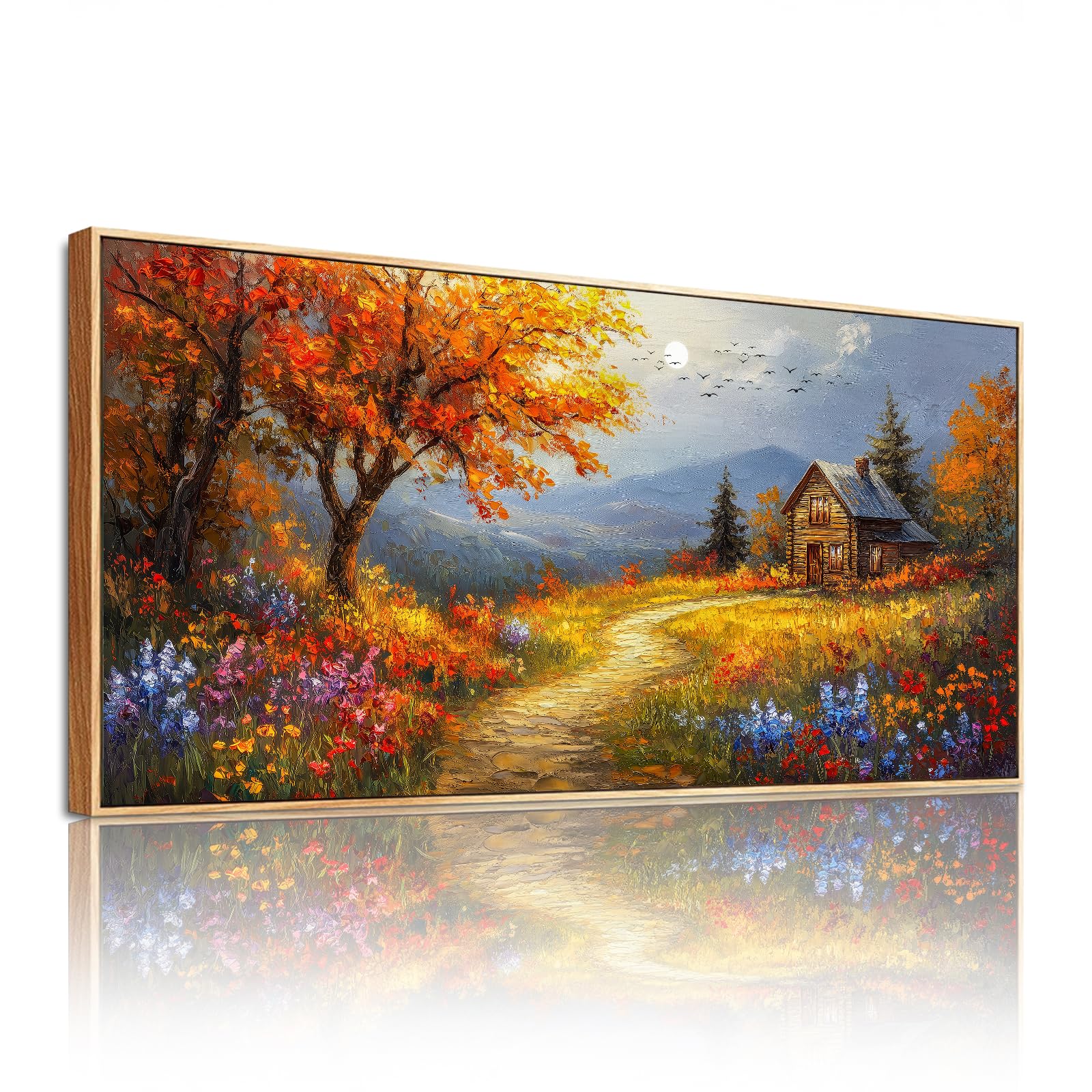 SERIMINO Quadro Moderno Fiori Paesaggio con Cornice Grandi 50x100 cm | Fiori Selvatici, Legno Massello, Tela Densa, Stampa HD, Install Facile, Usi Vari, Regalo
