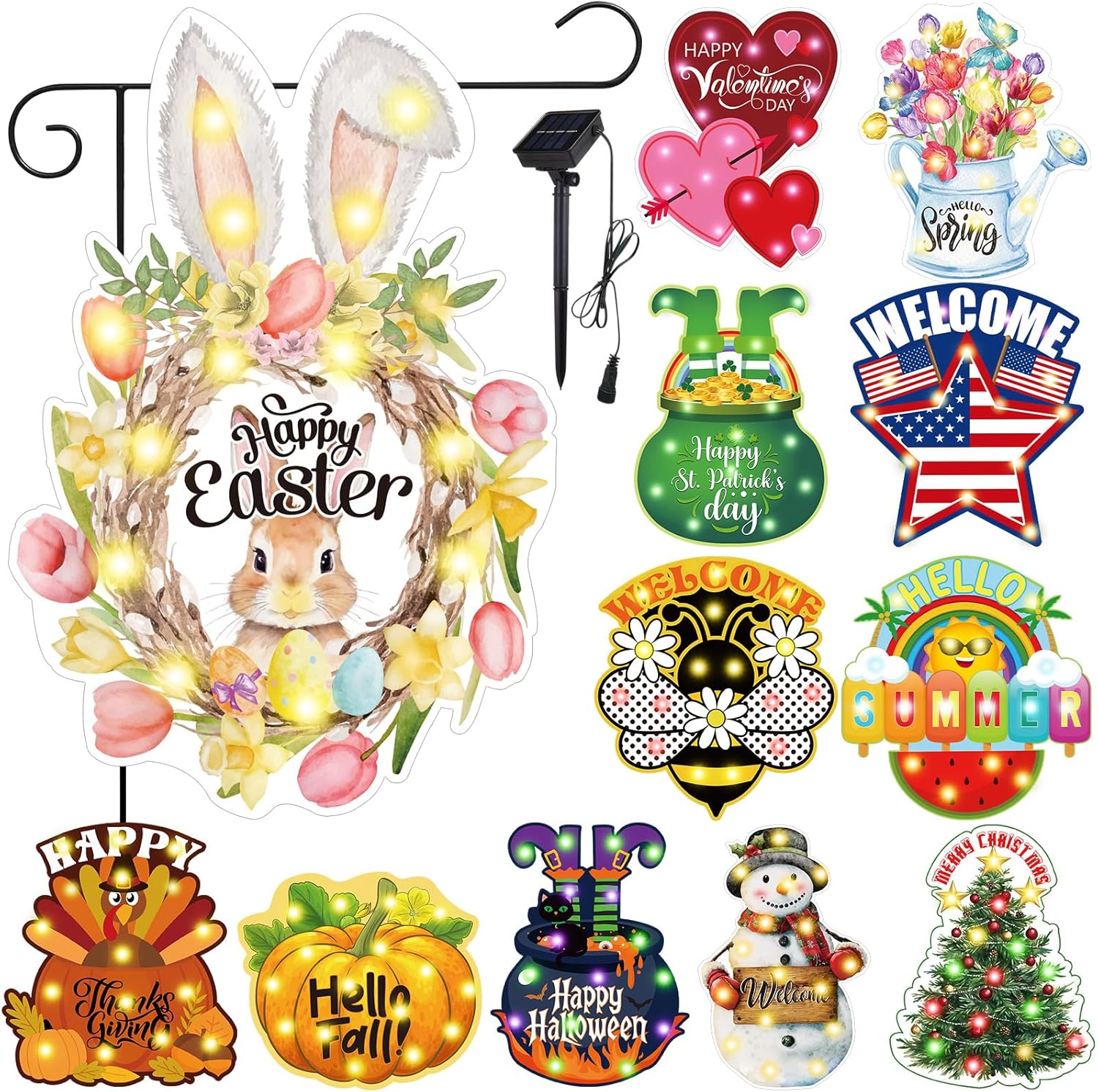 Reallnaive 12 Pcs Solar Seasonal LED Garden Flags 12 x 18 Inch Yard Flags Spring Easter Halloween Fall Thanksgiving Day Decorations Welcome Garden Flag Lawn Yard Outdoor Holiday Decoration