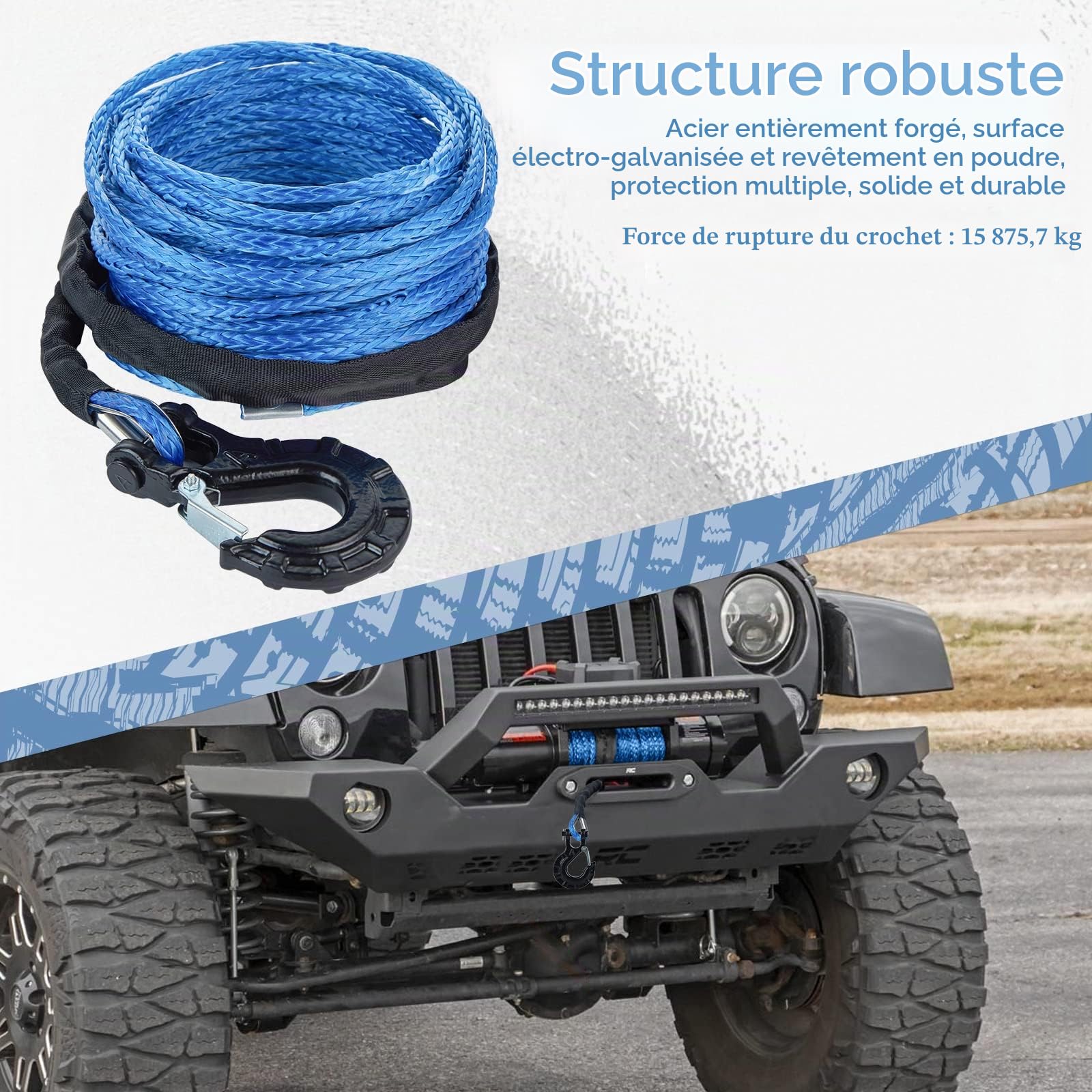 Corde de treuil synthétique de 1,6 cm x 15,2 m, 5 896,7 kg – Câble synthétique avec Manchon de Protection + Crochet de treuil forgé pour véhicule Tout-Terrain, VTT, UTV, VUS, Camion, Bateau,