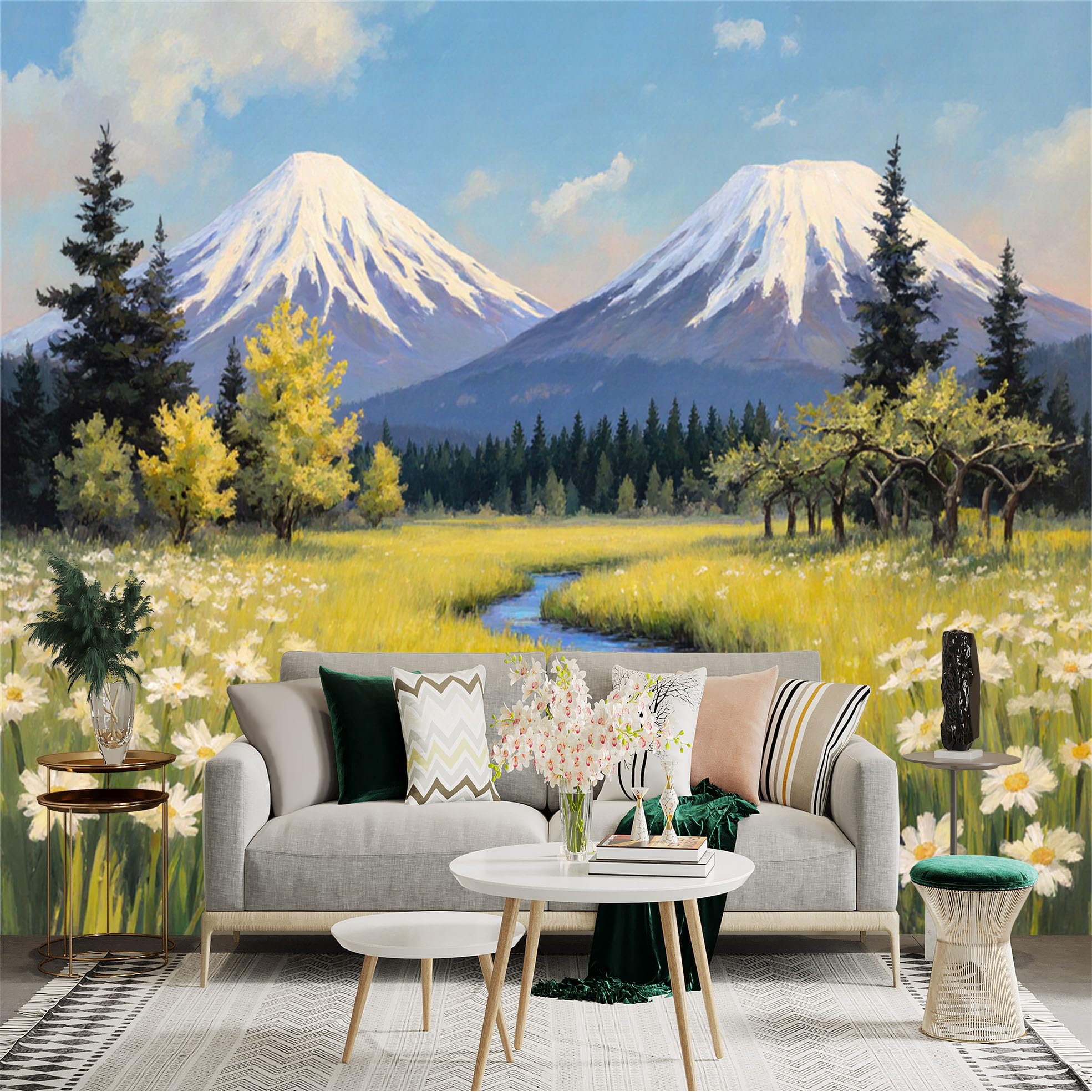 Custom Size Wall Sticker Mural， Snow Capped Twin Peaks， Sunny Meadow with Wildflowers， Tranquil Winding Stream， Forest Landscape， for wall Decoration， peelandstick wall Decals.