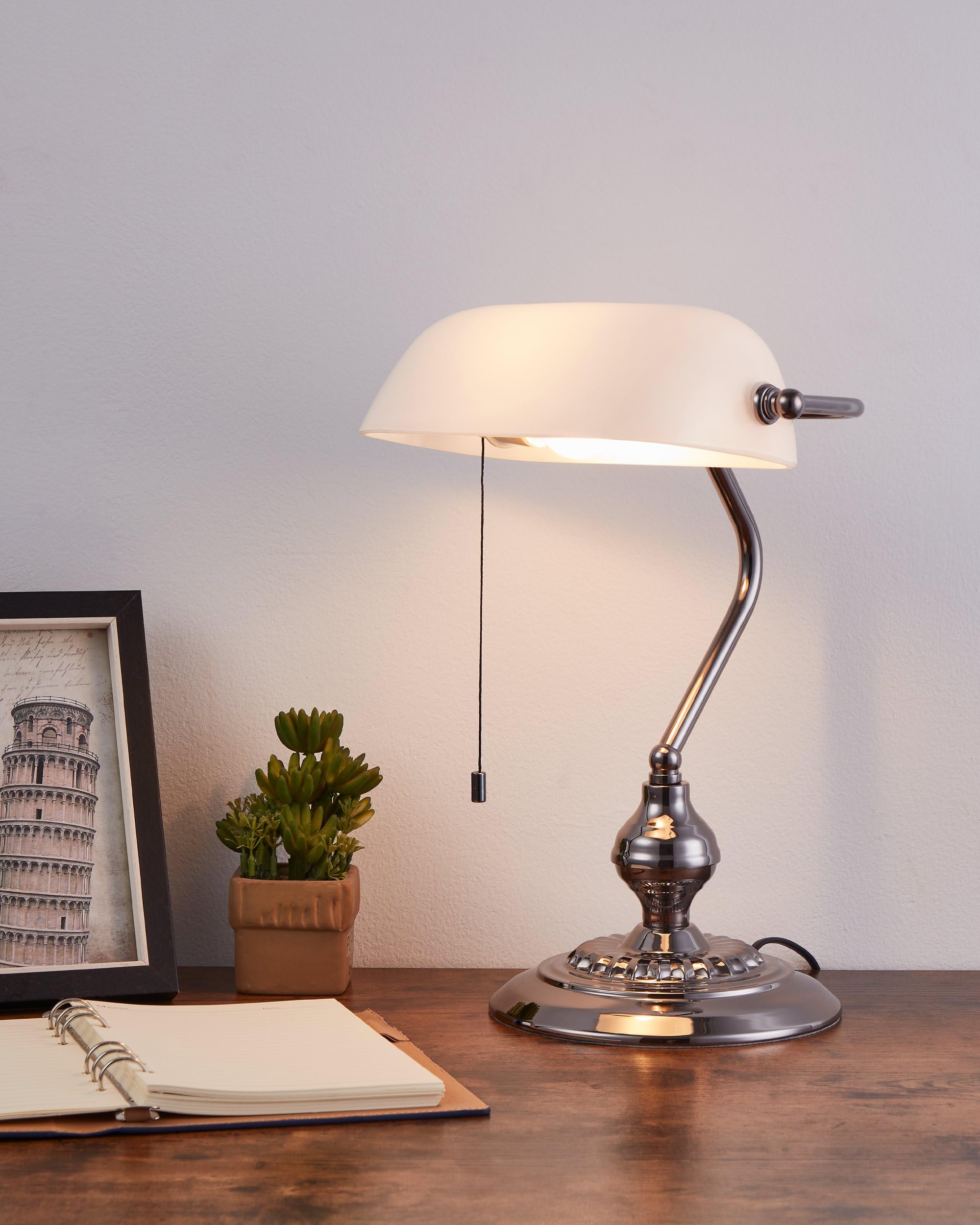 Eglo Lampe de table Banker, luminaire pour bureau vintage, rétro bureau, en | métal nickel-noir et verre satiné blanc, chevet à chaîne, douille E27