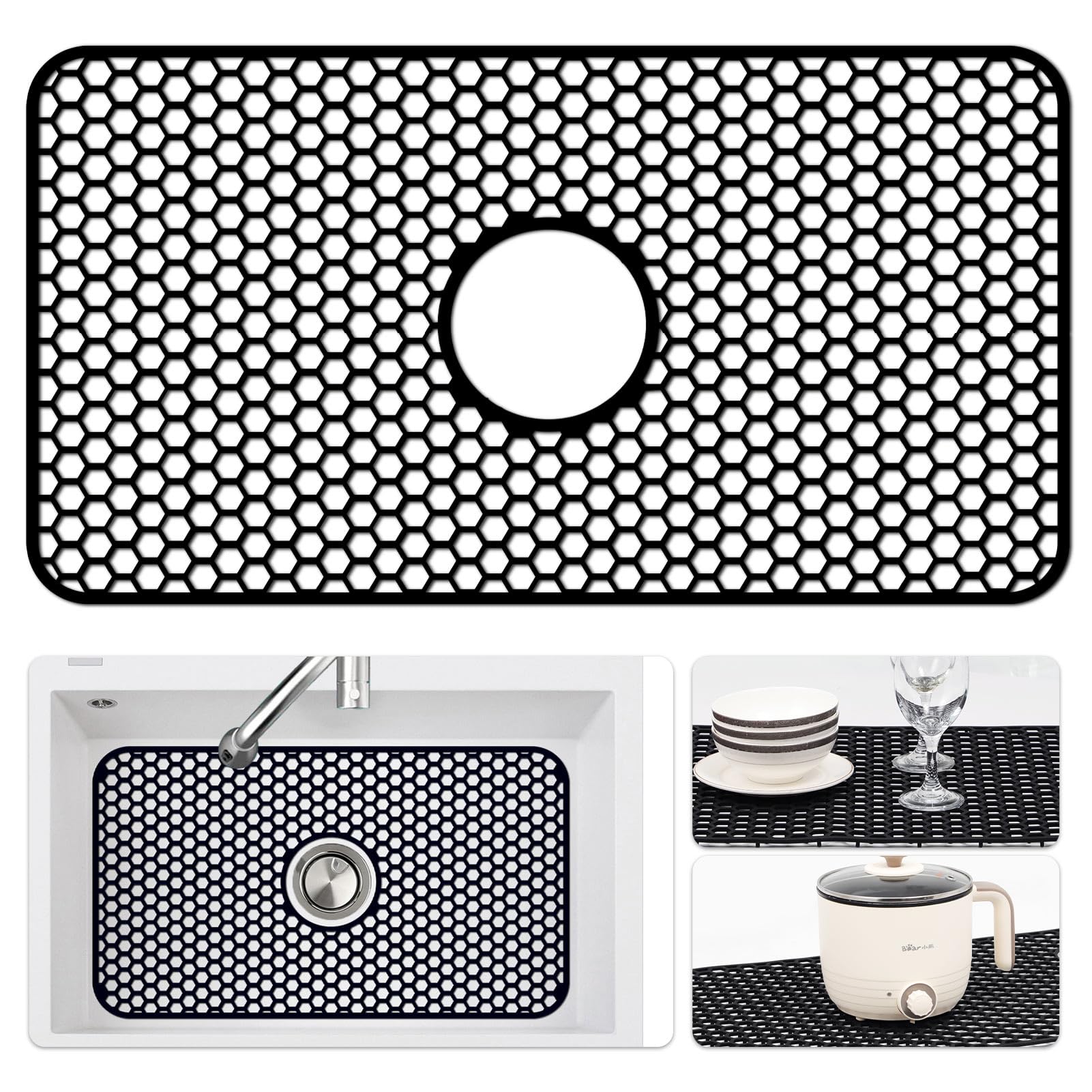 Bestjing Silicone Sink Mat - 24.8''x13'' Sink Protector for Kitchen Sink with Center Drain - Kitchen Grid Accessory, Non-slip Heat Resistant Mat for Bottom of Farmhouse Stainless Steel (Center Hole)