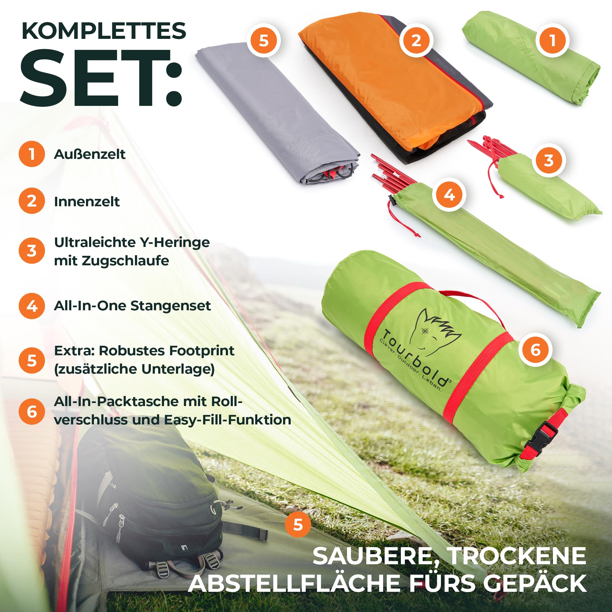 TOURBOLD® Tourbude II 2 Personen Zelt Ultraleicht <3 kg 5 Min. Aufbau | Wasserdicht 3.000 mm Doppelschicht Footprint inklusive Trekking Camping Festival