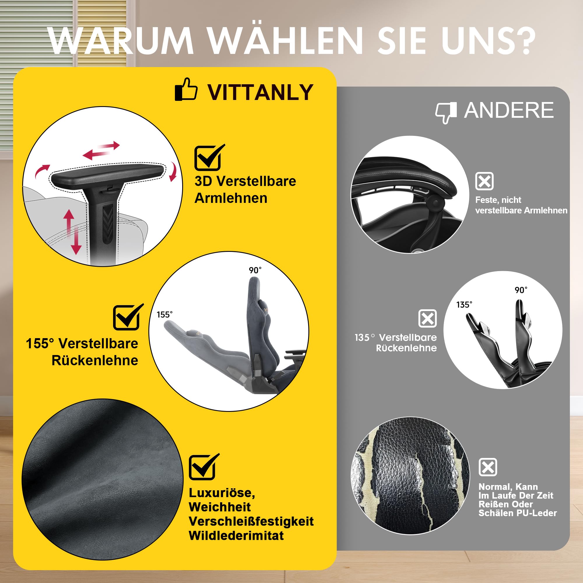 Vittanly Gaming Stuhl, Luxuriöser Wildlederimitat Gaming Chair Bürostuhl, Ergonomischer Schreibtischstuhl mit Fußstütze Kopfstütze und Lendenkissen, 3D Armlehnen, 90-155° Rückenlehne, Grau