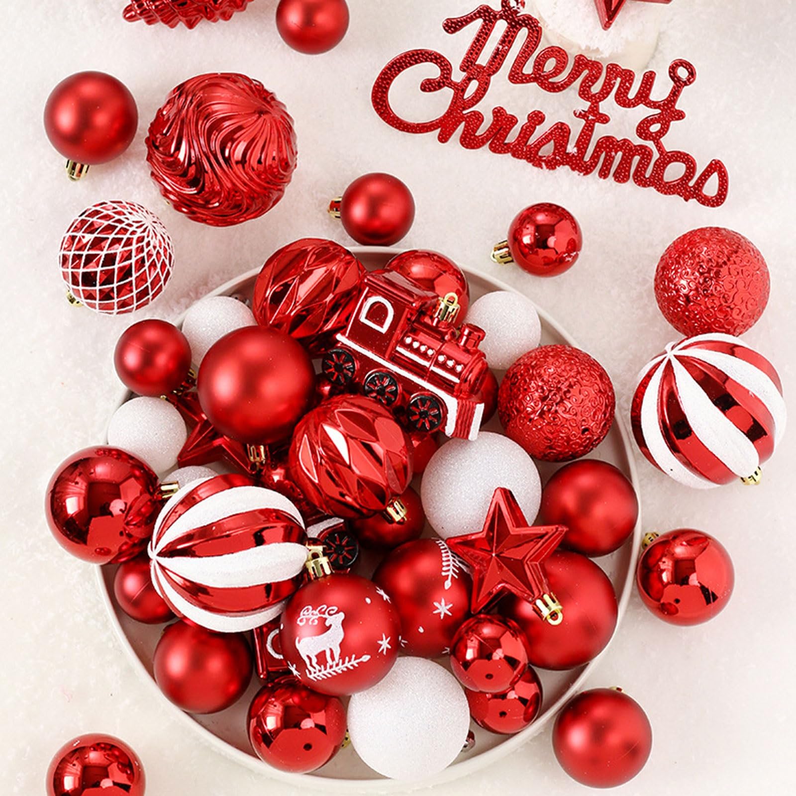65-teiliges Weihnachtsbaumschmuck-Set, Verschiedene bruchsichere Kunststoffkugeln und „Frohe Weihnachten“-Schilder, dekorative Hängekugeln for Weihnachten(Gold)