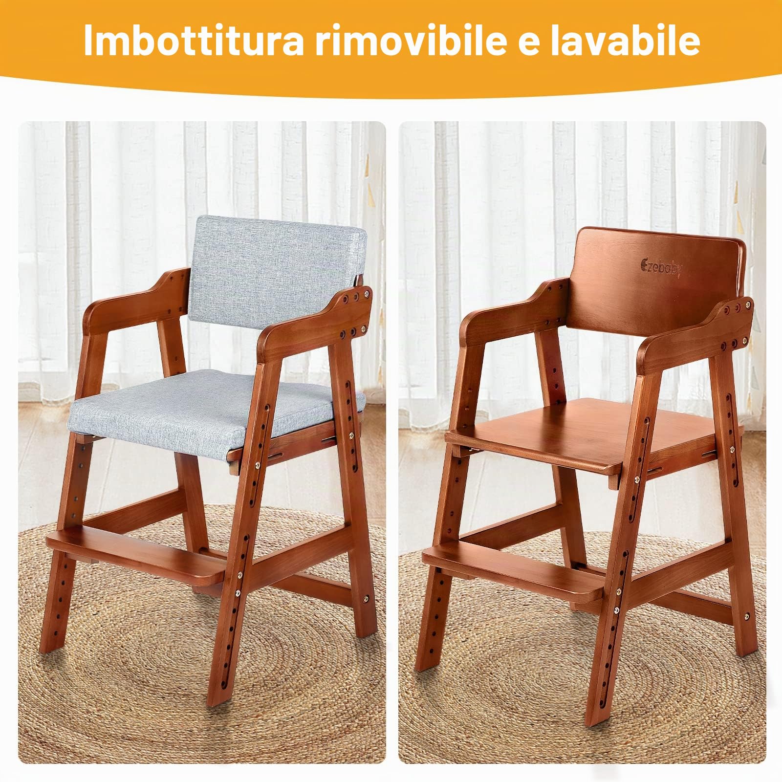 Ezebaby Seggiolone, sedia per bambini, in legno di faggio, regolabile in altezza, stabile e sicura, fino a 90 kg, per bambini e adulti