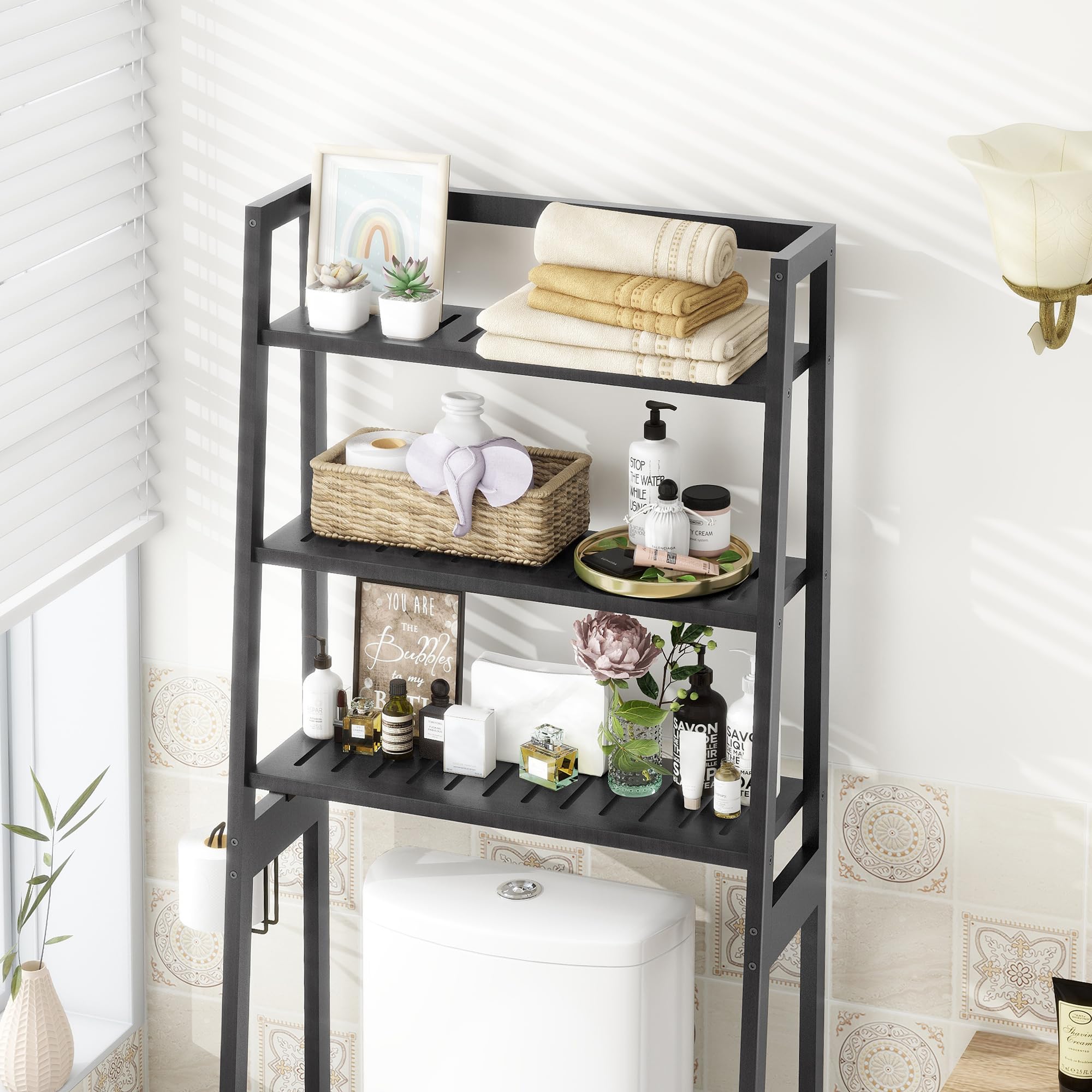 MallKing Mensola portaoggetti per bagno, 3 Livelli Sopra Scaffale per lavatrice, organizzatore di spazio per il bagno, autoportante sopra la toilette con porta carta igienica e ganci (Nero)